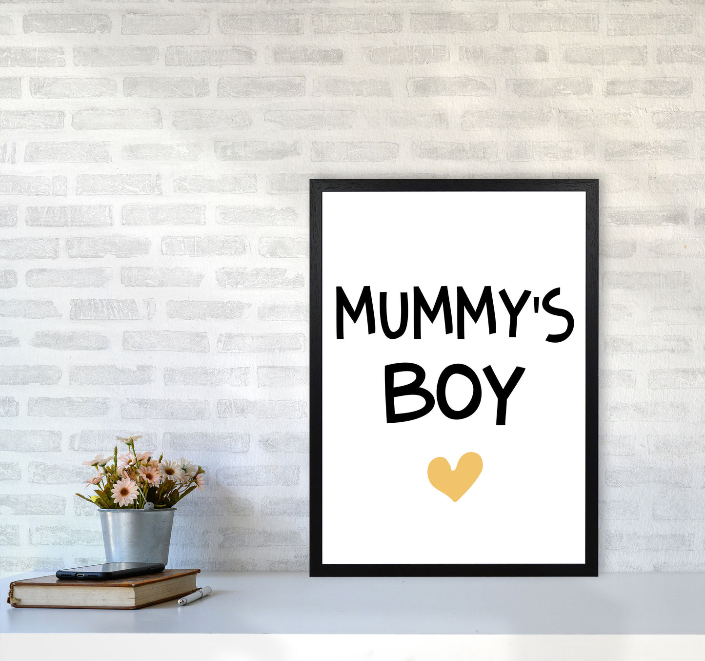 Mummy&#39;s Boy Mustard Framed Nursey Wall Art Print A2 White Frame