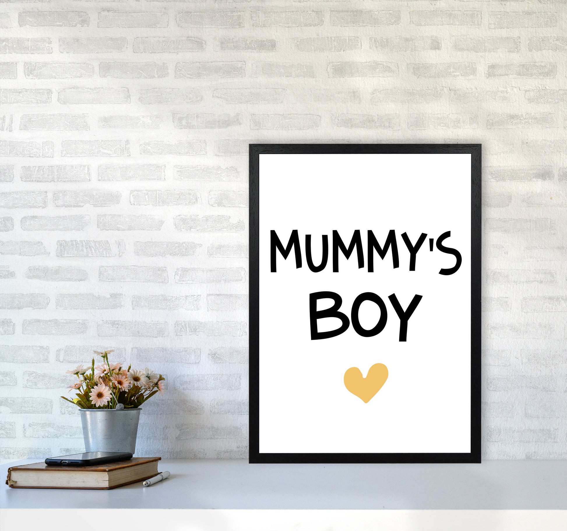 Mummy&#39;s Boy Mustard Framed Nursey Wall Art Print A2 White Frame