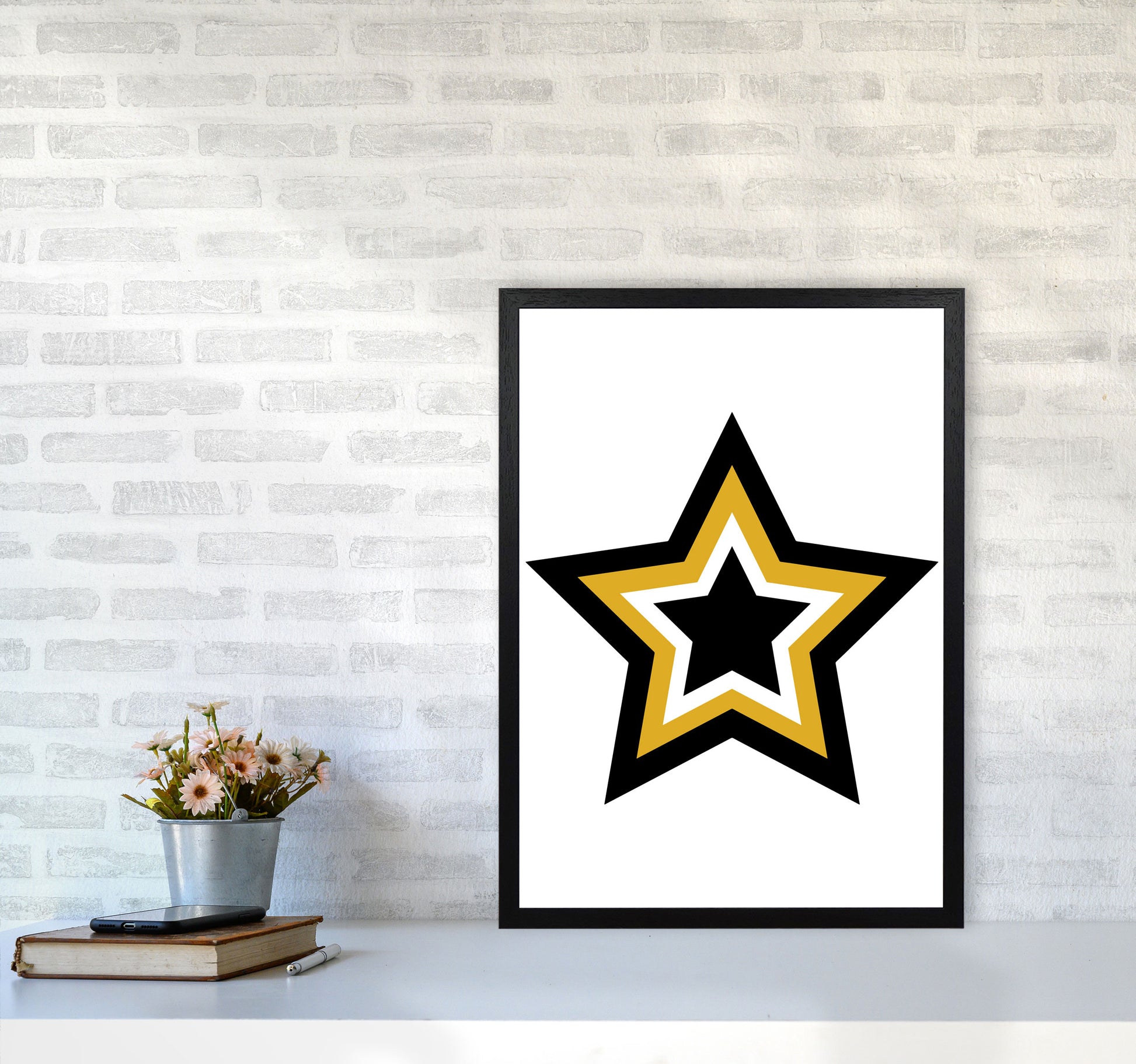 Mustard And Black Layered Star Modern Print A2 White Frame