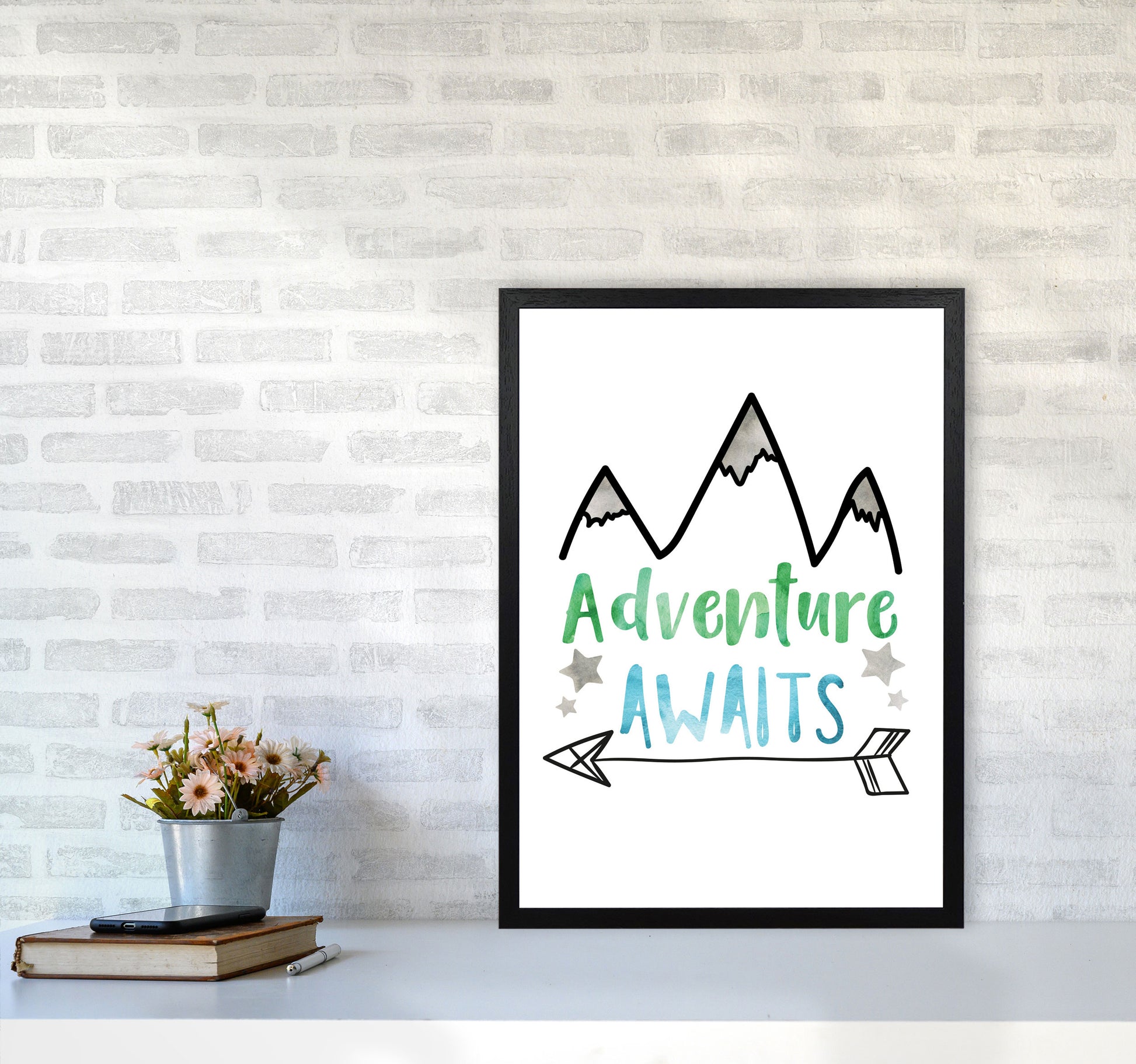 Adventure Awaits Watercolour Modern Print A2 White Frame