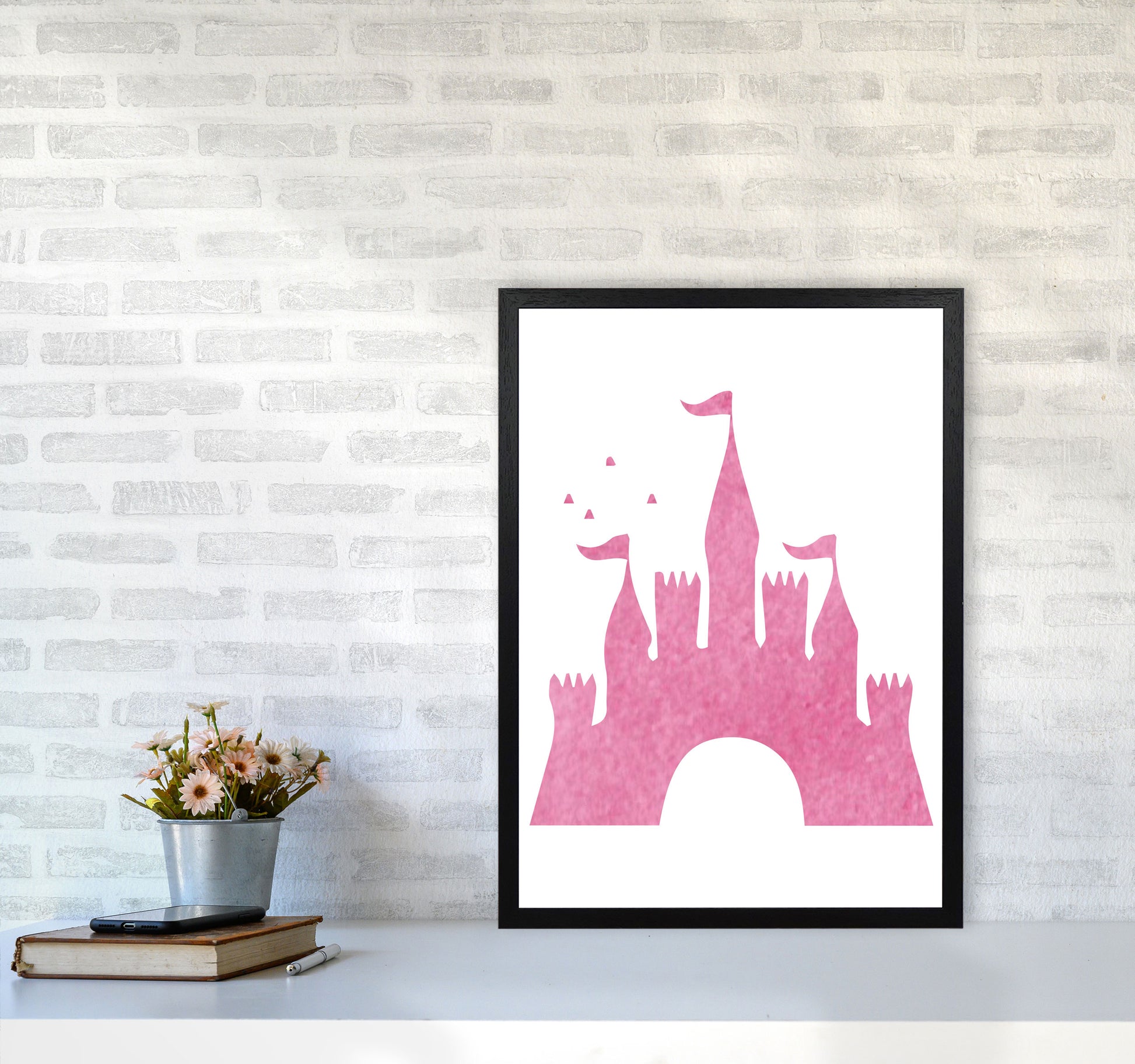Pink Castle Watercolour Modern Print A2 White Frame