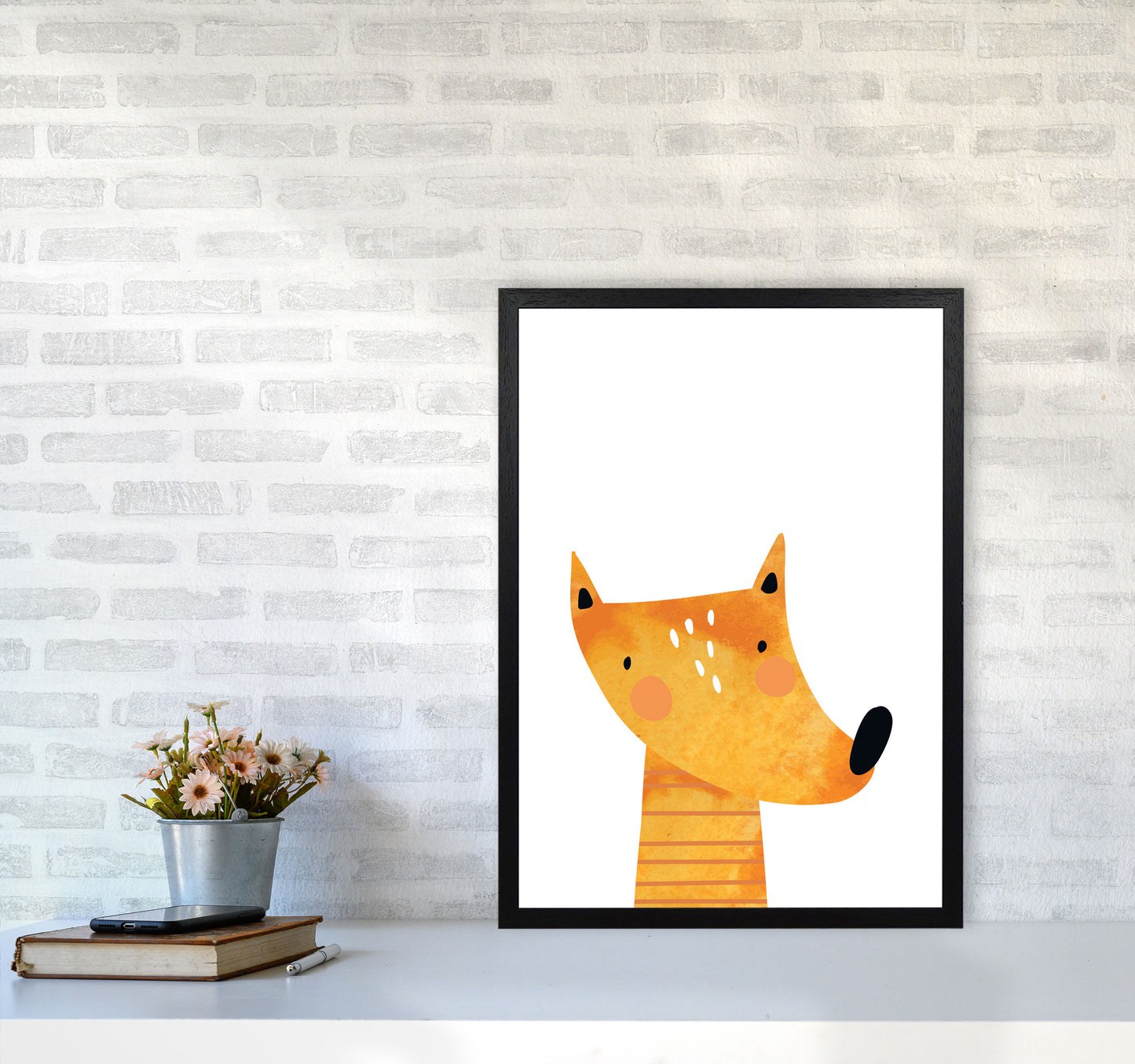 Scandi Fox Watercolour Framed Nursey Wall Art Print A2 White Frame