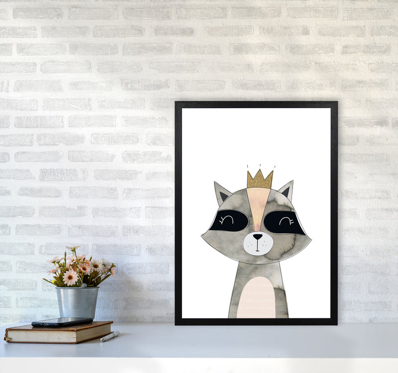 Scandi Grey Raccoon Watercolour Framed Nursey Wall Art Print A2 White Frame