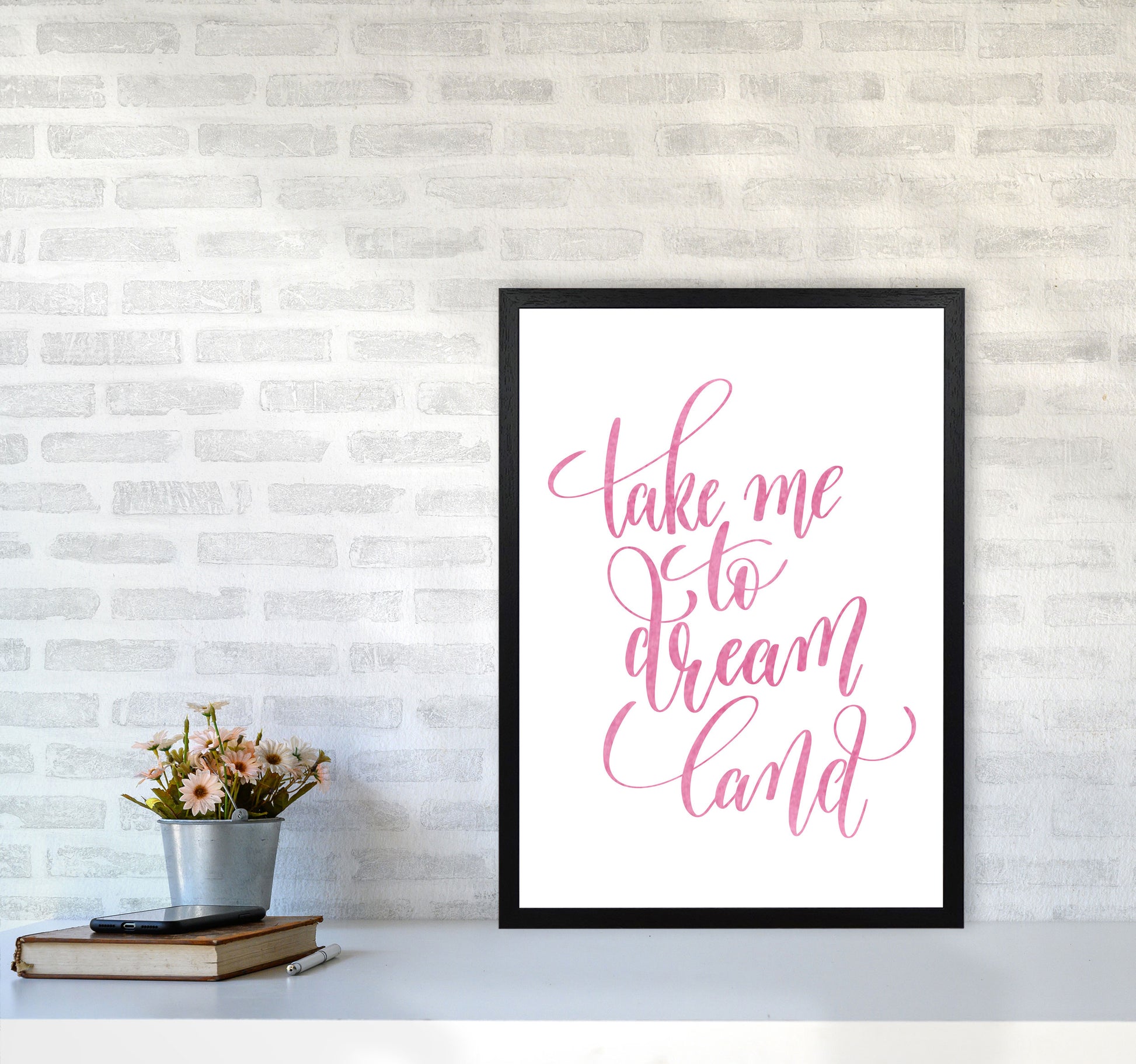 Take Me To Dreamland Pink Watercolour Modern Print A2 White Frame