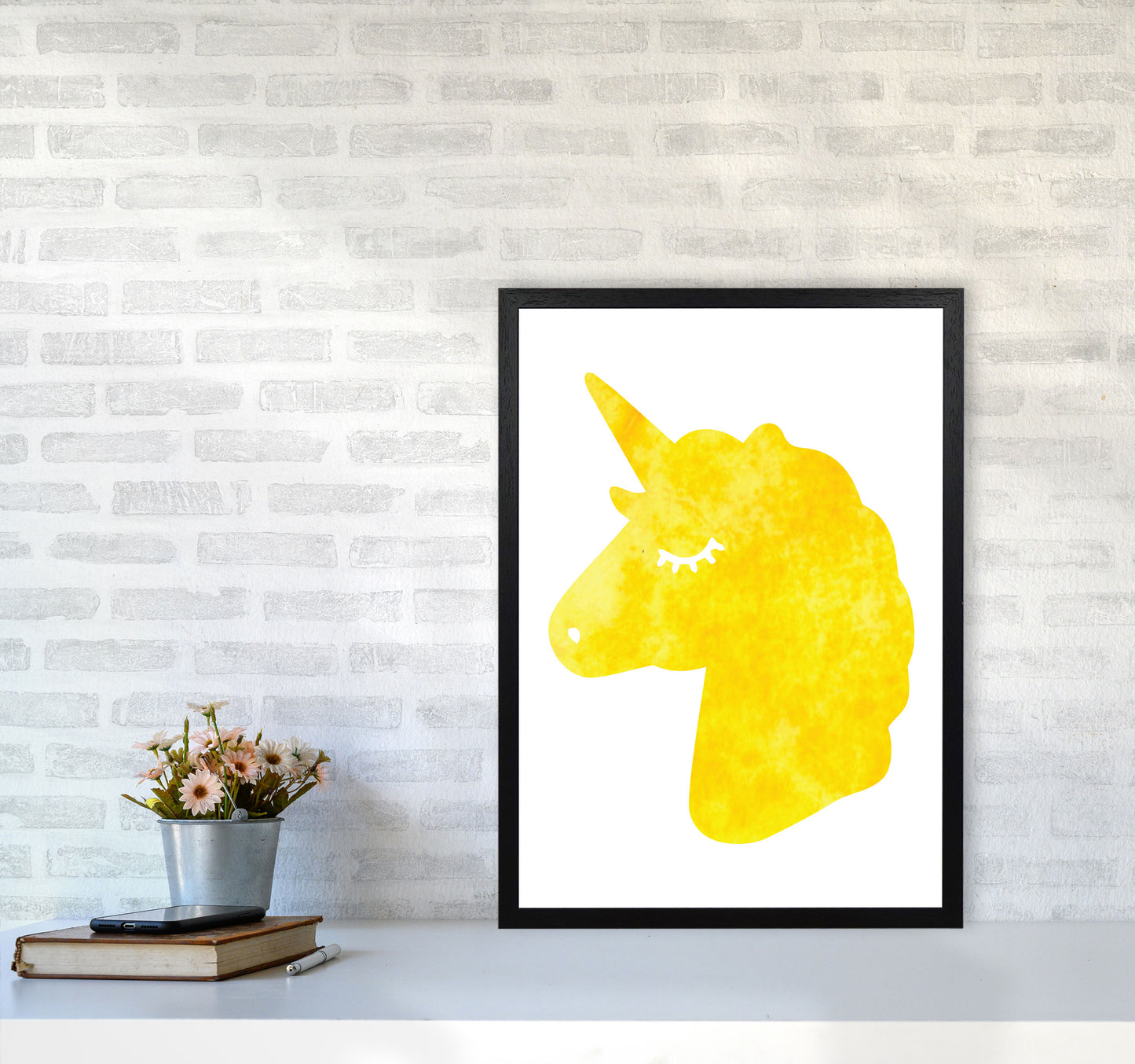 Unicorn Yellow Silhouette Watercolour Modern Print A2 White Frame