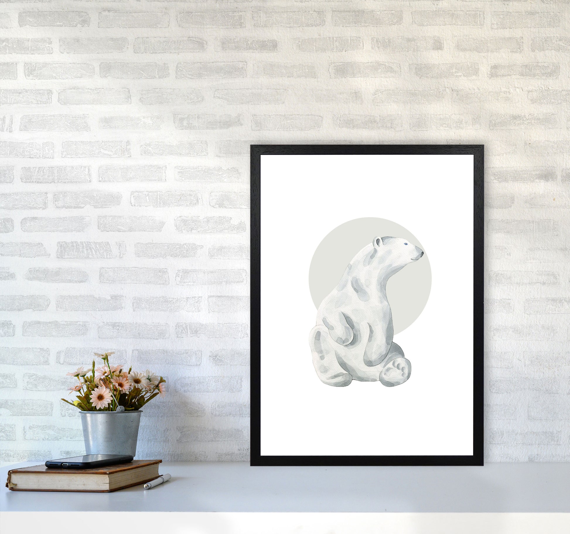 Watercolour Polar Bear With Grey Circle Modern Print, Animal Art Print A2 White Frame