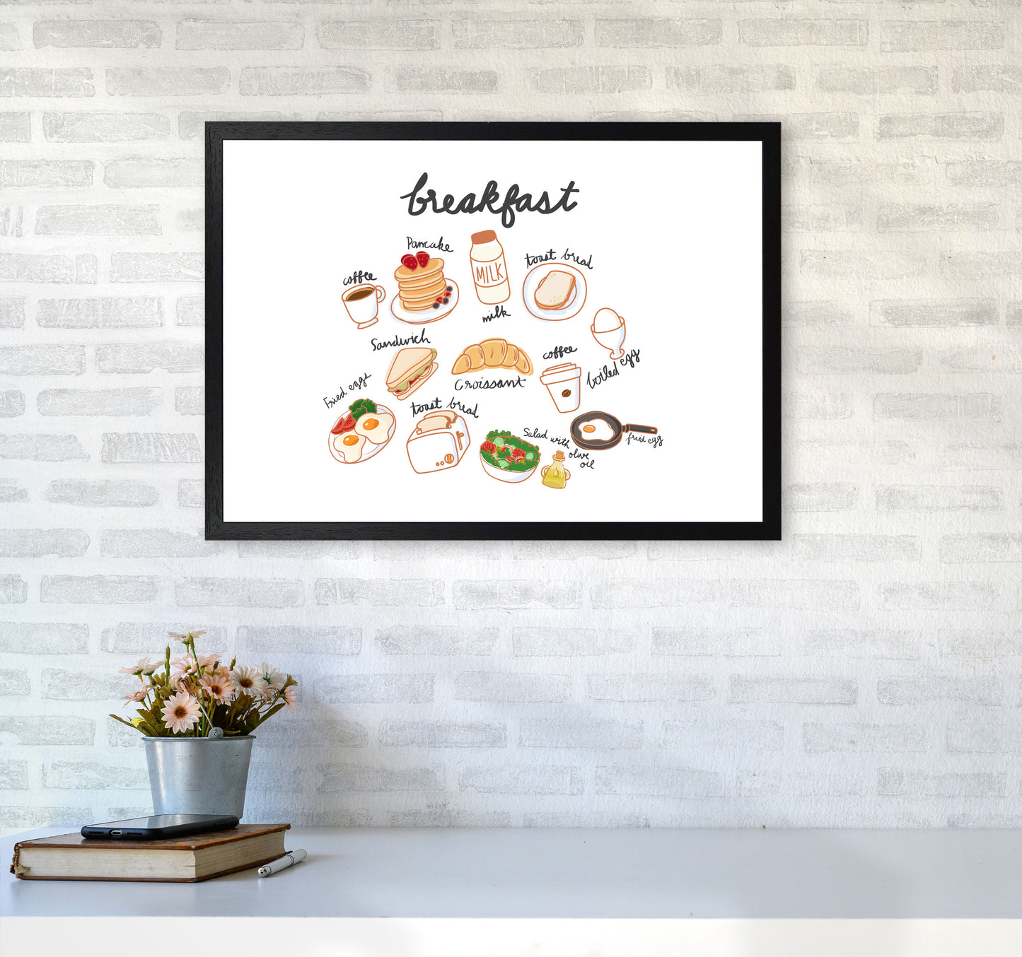 Breakfast Collection Landscape Modern Print, Framed Kitchen Wall Art A2 White Frame