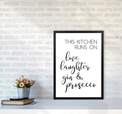 This Kitchen Runs On Love Laughter Gin & Prosecco Print, Framed Kitchen Wall Art A2 White Frame