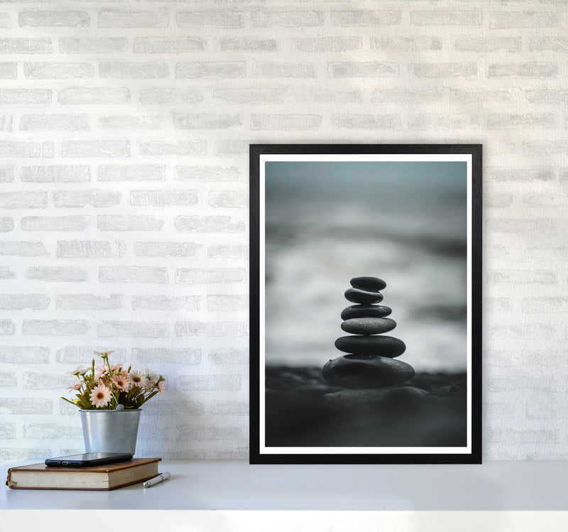 Black Pebble Stack Modern Print, Framed Botanical & Nature Art Print A2 White Frame