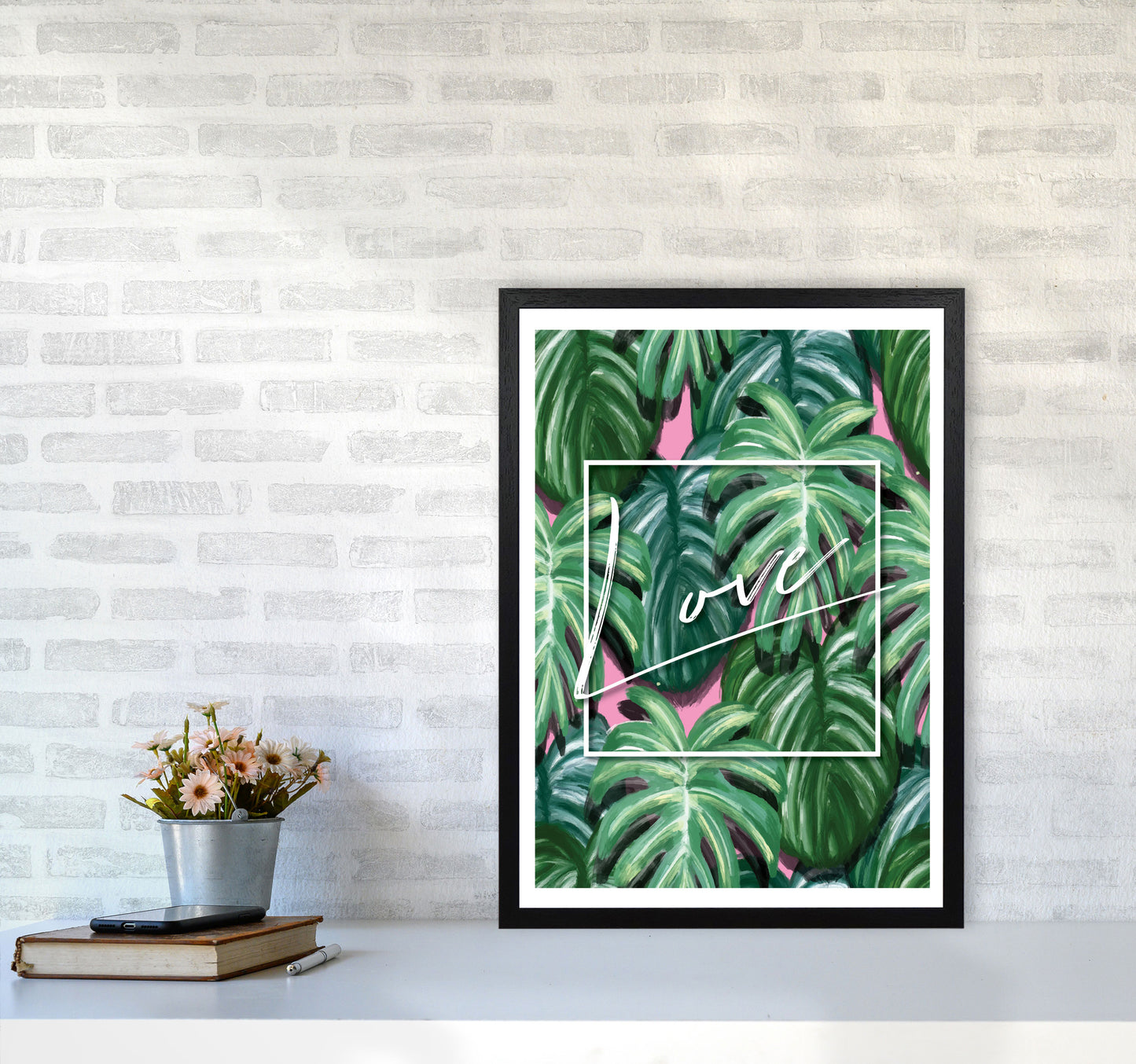Love Green Leaves Modern Print, Framed Botanical & Nature Art Print A2 White Frame
