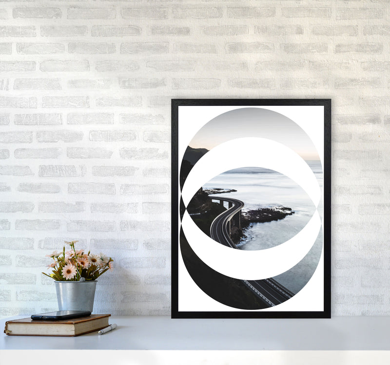 Black Road Oval Modern Print, Framed Botanical & Nature Art Print A2 White Frame