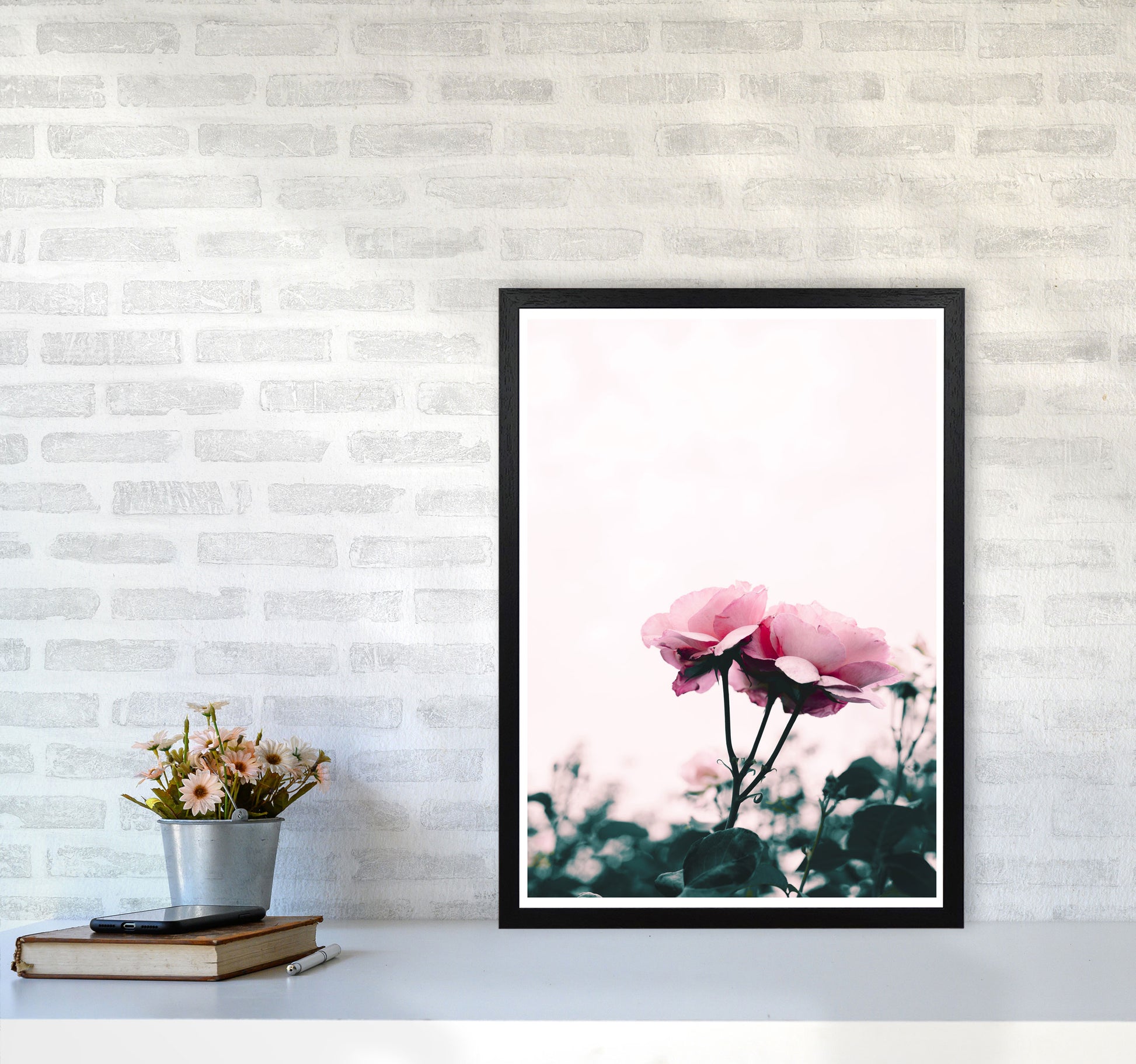 Pink Rose Modern Print, Framed Botanical & Nature Art Print A2 White Frame
