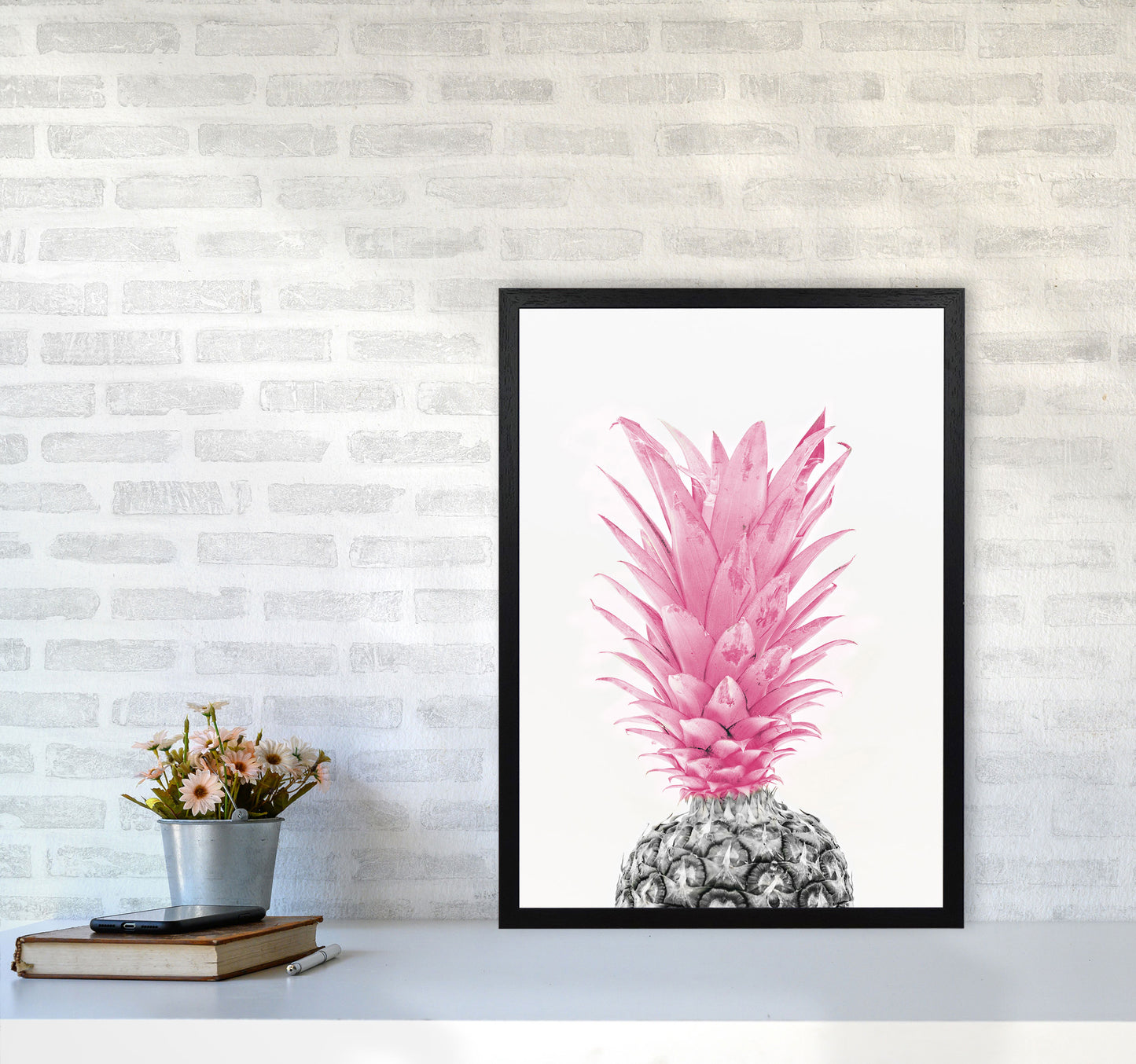 Black And Pink Pineapple Modern Print, Framed Kitchen Wall Art A2 White Frame