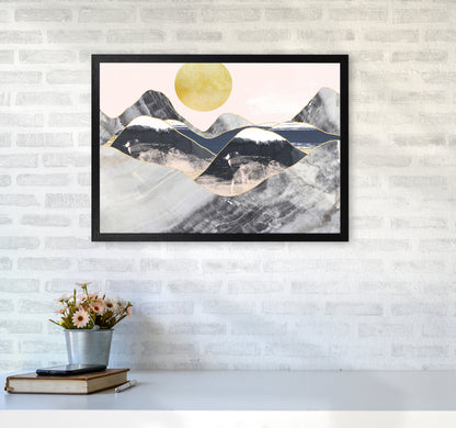 Gold Moon Navy Marble Mountains Landscape  Art Print by Pixy Paper A2 White Frame