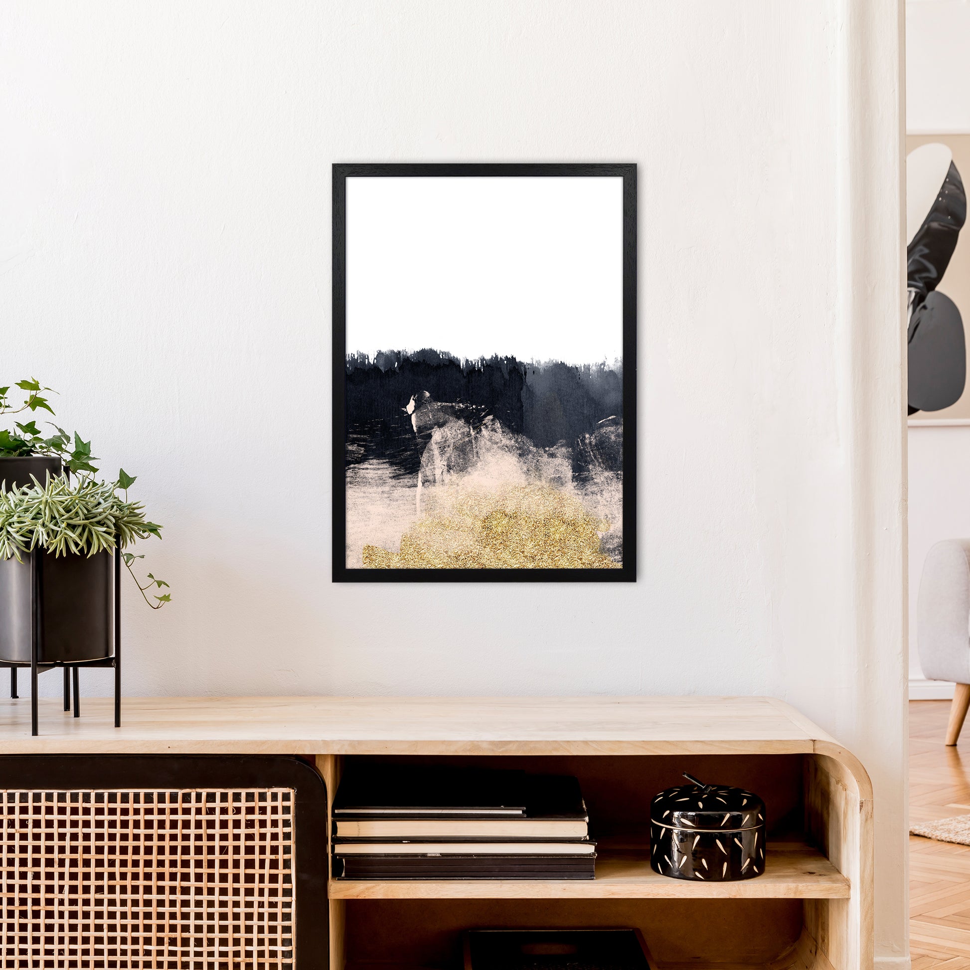 Lux Half Navy And Gold Paint Strokes  Art Print by Pixy Paper A2 White Frame