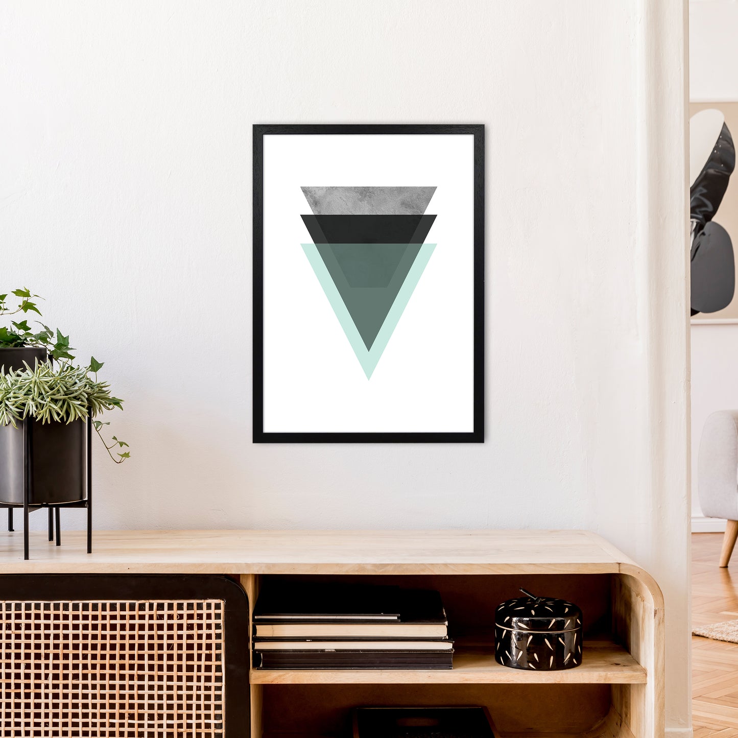 Geometric Mint And Black Triangles  Art Print by Pixy Paper A2 White Frame