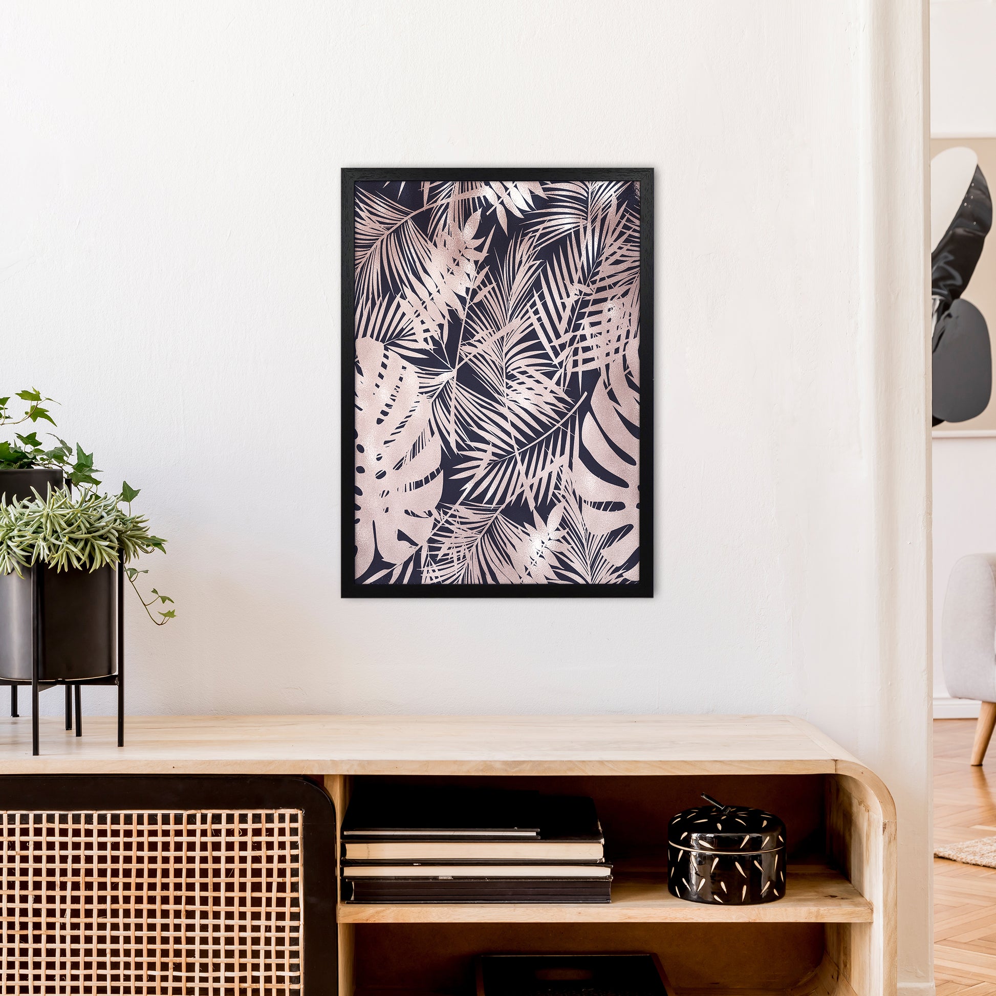 Lux Leaf Print Pink And Navy  Art Print by Pixy Paper A2 White Frame