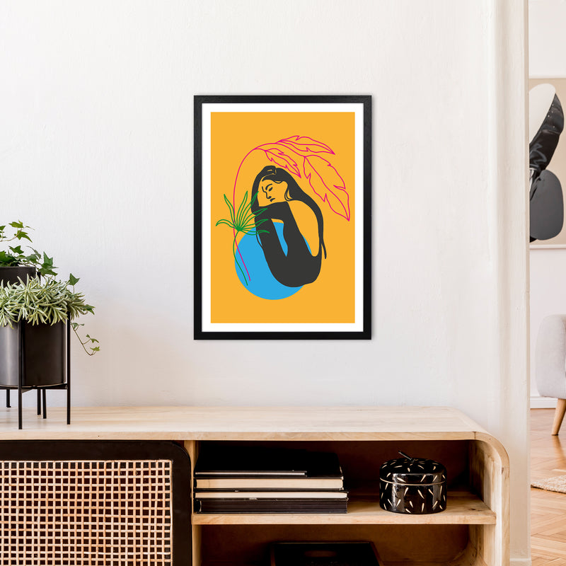 Girl Under Plant Yellow Neon Funk  Art Print by Pixy Paper A2 White Frame