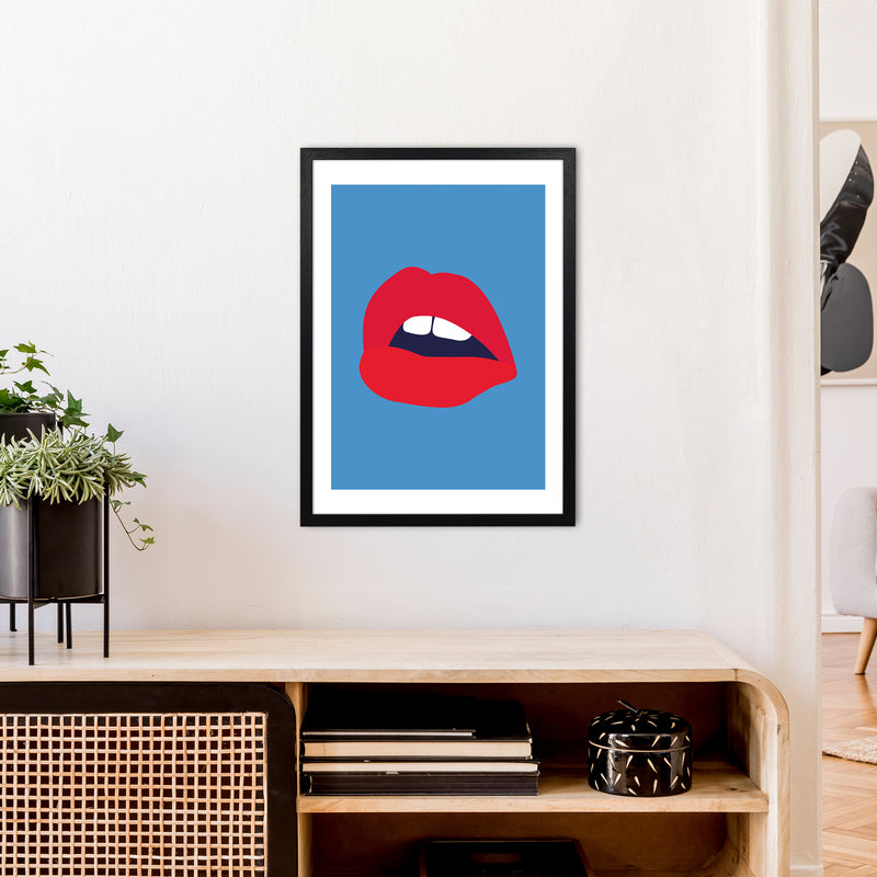 Red Lips Blue Back  Art Print by Pixy Paper A2 White Frame