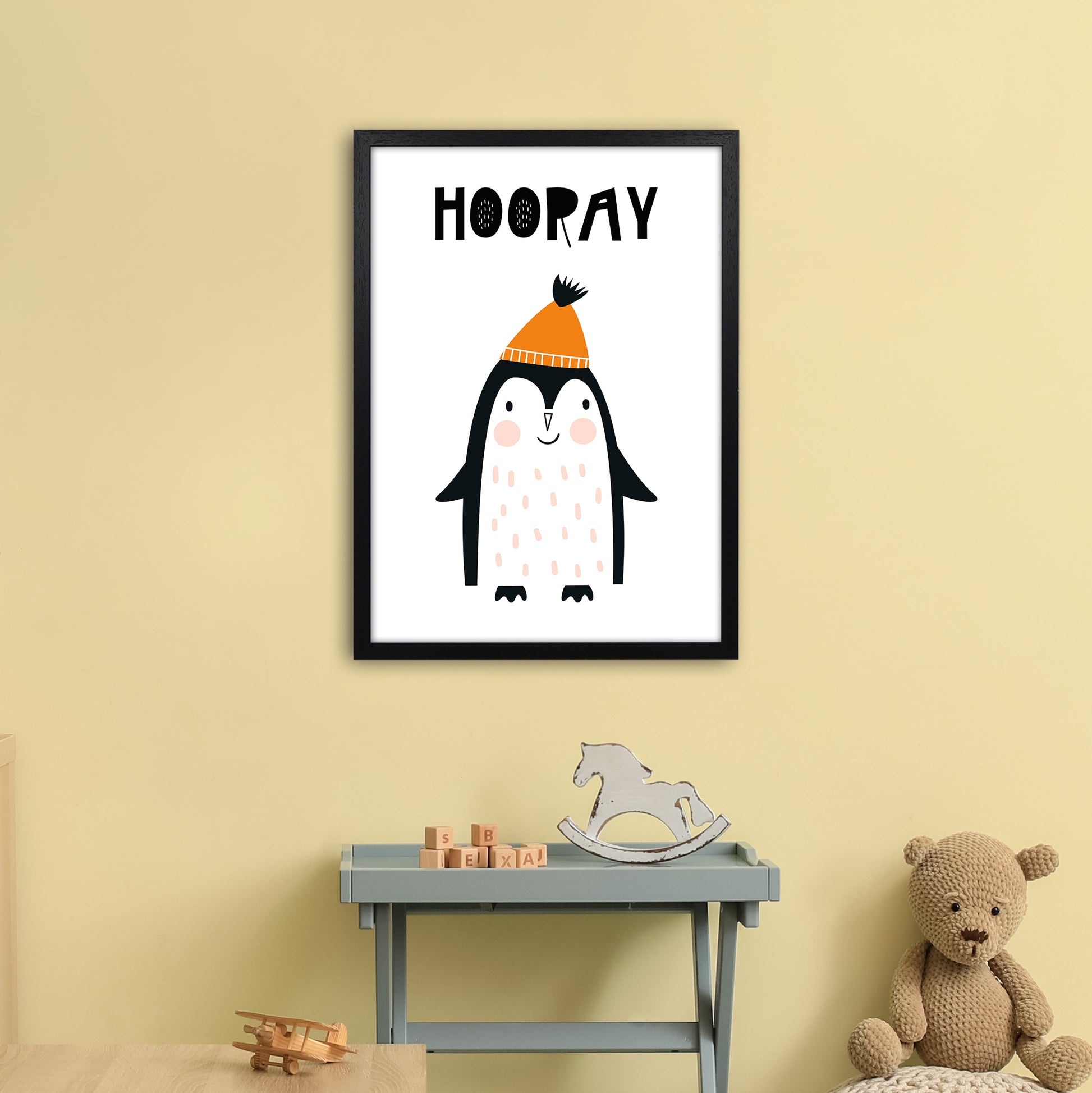 Hooray Penguin Animal  Art Print by Pixy Paper A2 White Frame