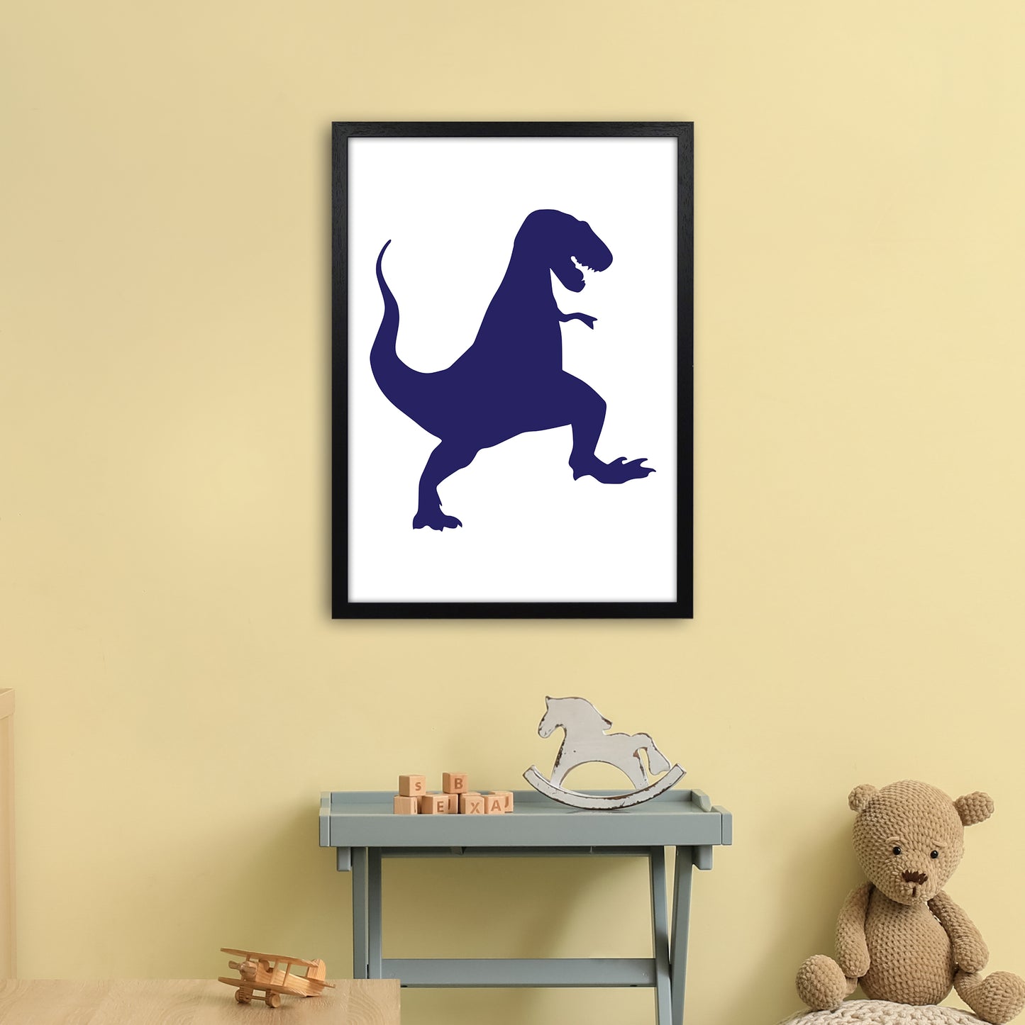 T-Rex Navy  Art Print by Pixy Paper A2 White Frame