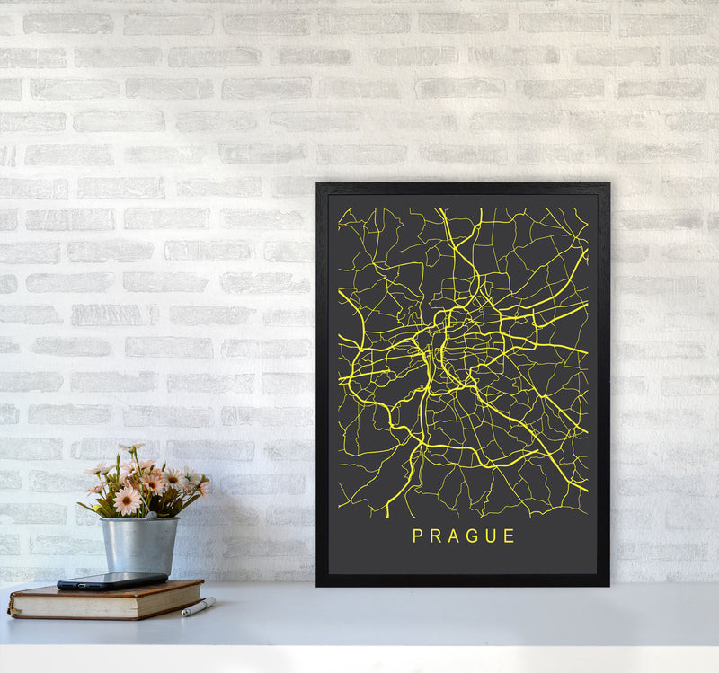 Prague Map Neon Art Print by Pixy Paper A2 White Frame