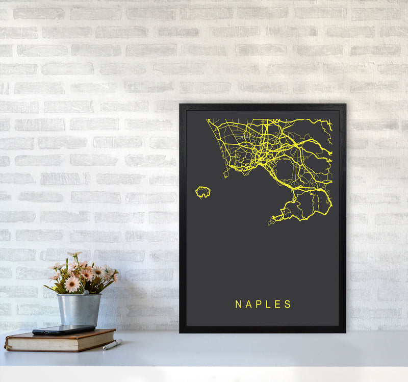 Naples Map Neon Art Print by Pixy Paper A2 White Frame