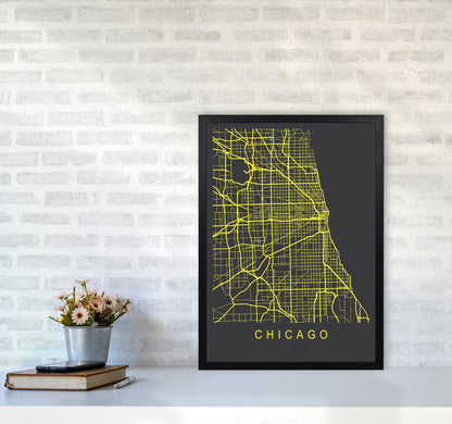 Chicago Map Neon Art Print by Pixy Paper A2 White Frame