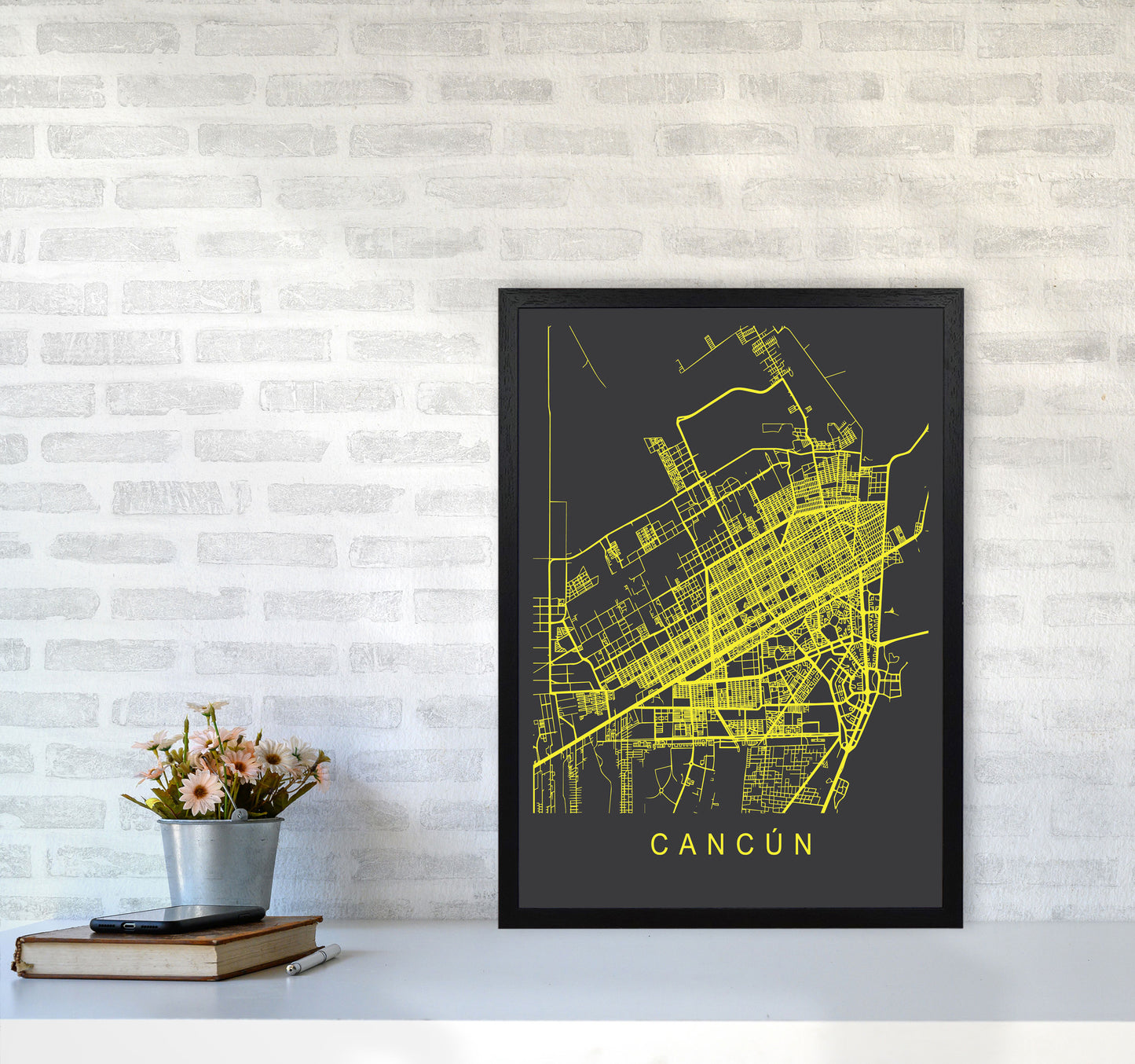 Cancun Map Neon Art Print by Pixy Paper A2 White Frame