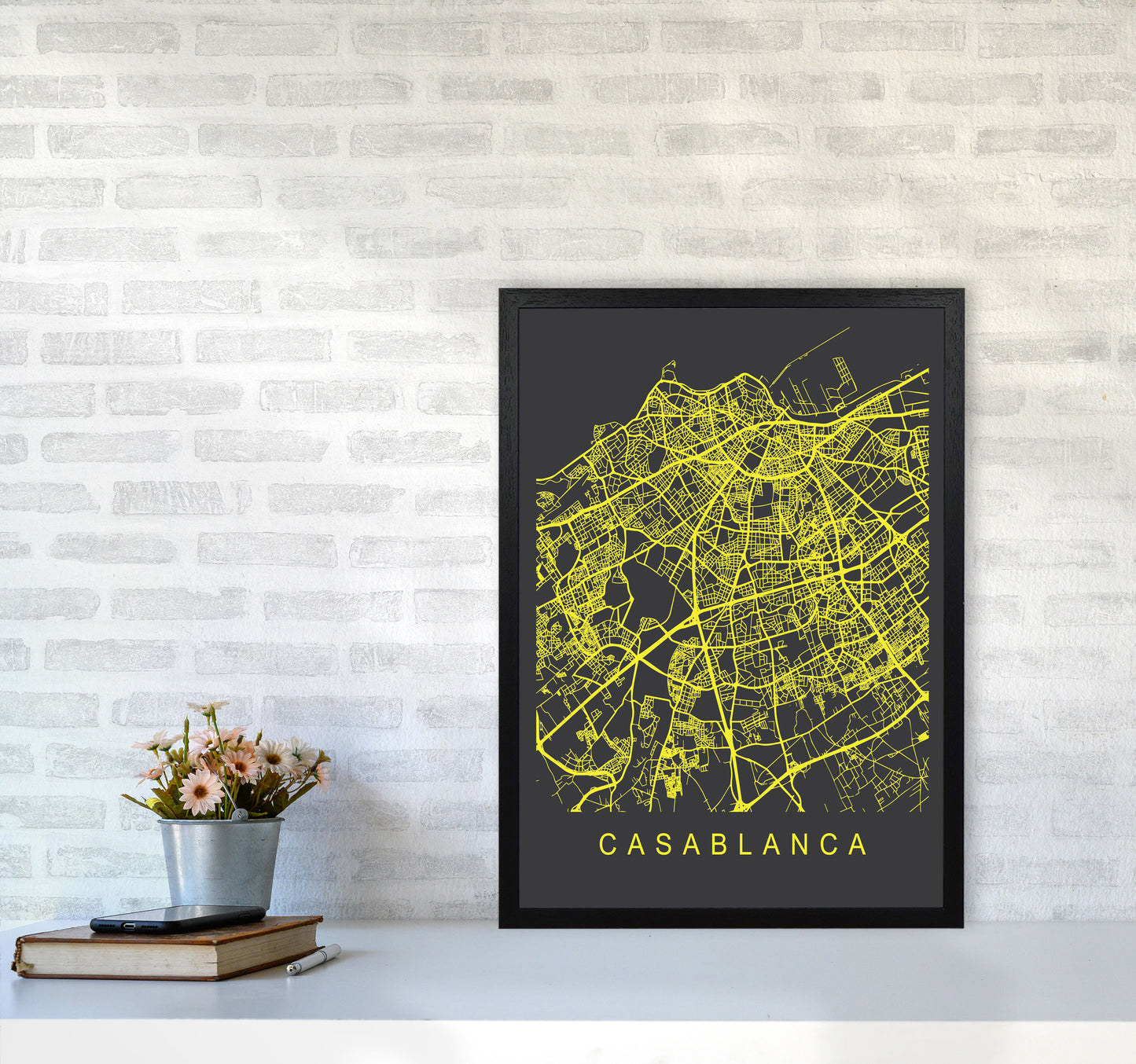 Casablanca Map Neon Art Print by Pixy Paper A2 White Frame