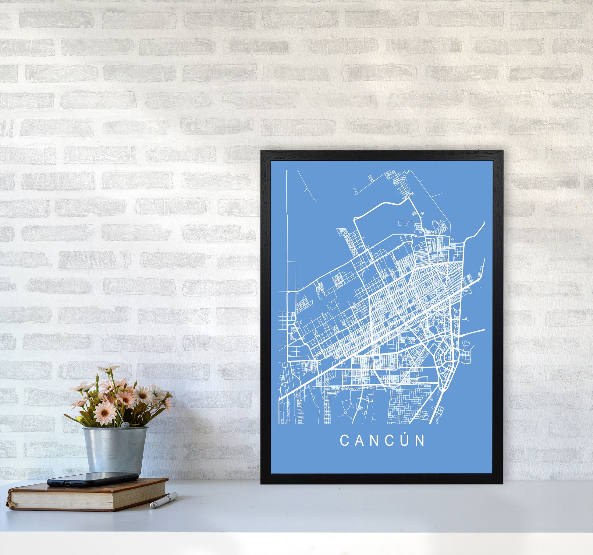 Cancun Map Blueprint Art Print by Pixy Paper A2 White Frame