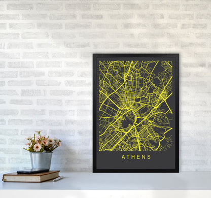 Athens Map Neon Art Print by Pixy Paper A2 White Frame