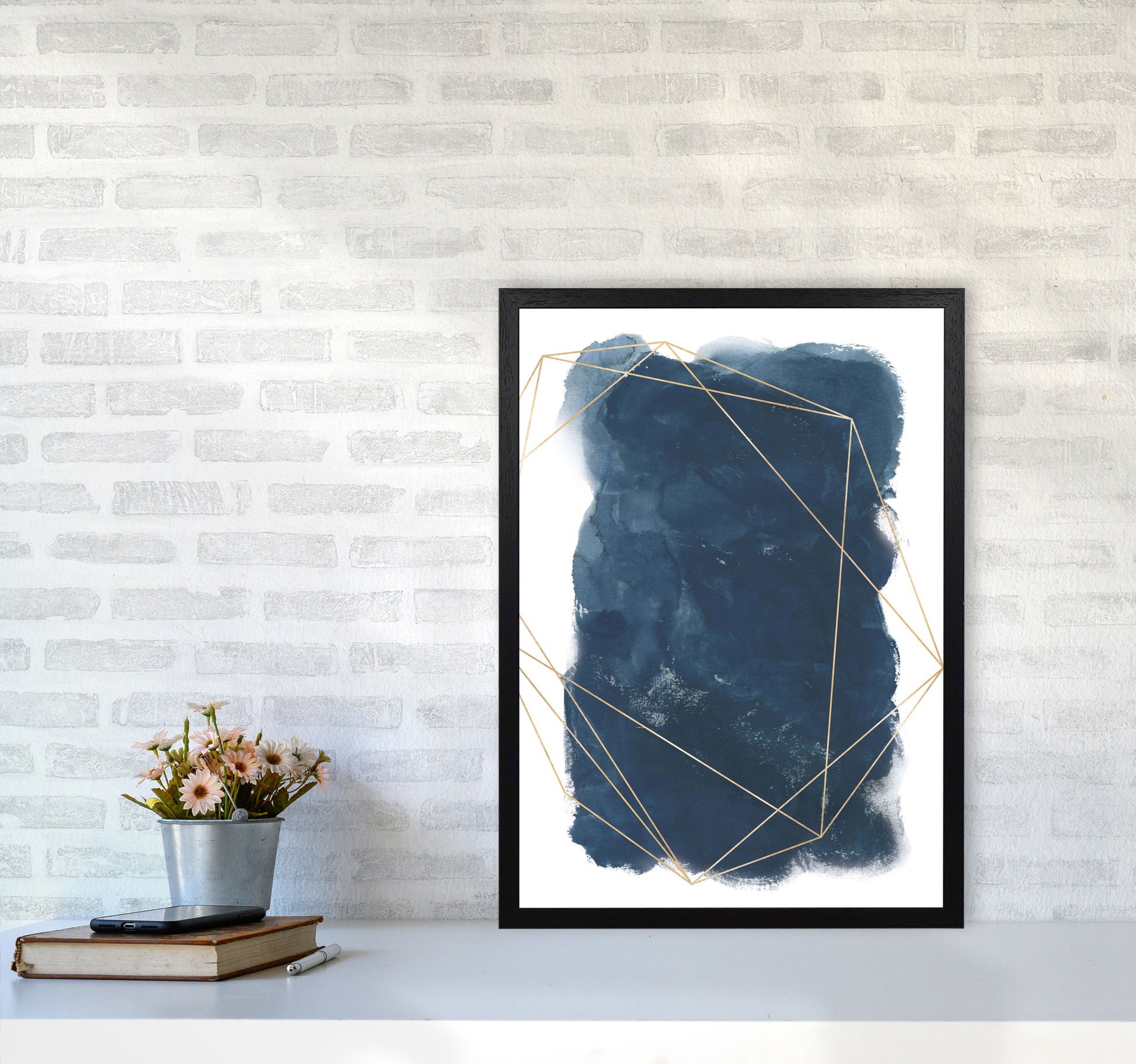 Aztec Navy Watercolour Art Print by Pixy Paper A2 White Frame