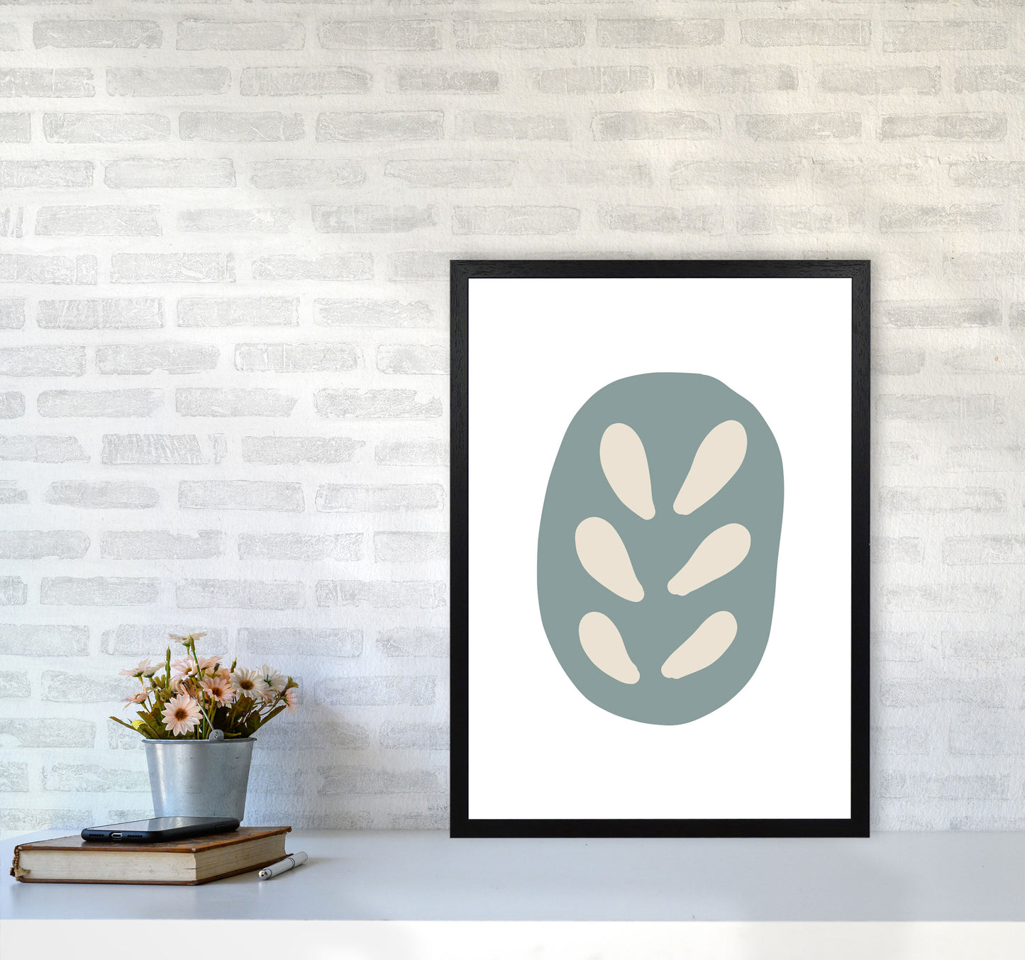 Inspired Teal Floral Abstract Art Print by Pixy Paper A2 White Frame