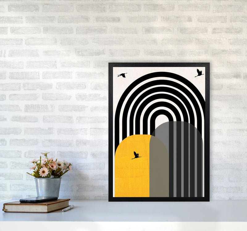 Giant rainbow with birds mustard Art Print by Pixy Paper A2 White Frame