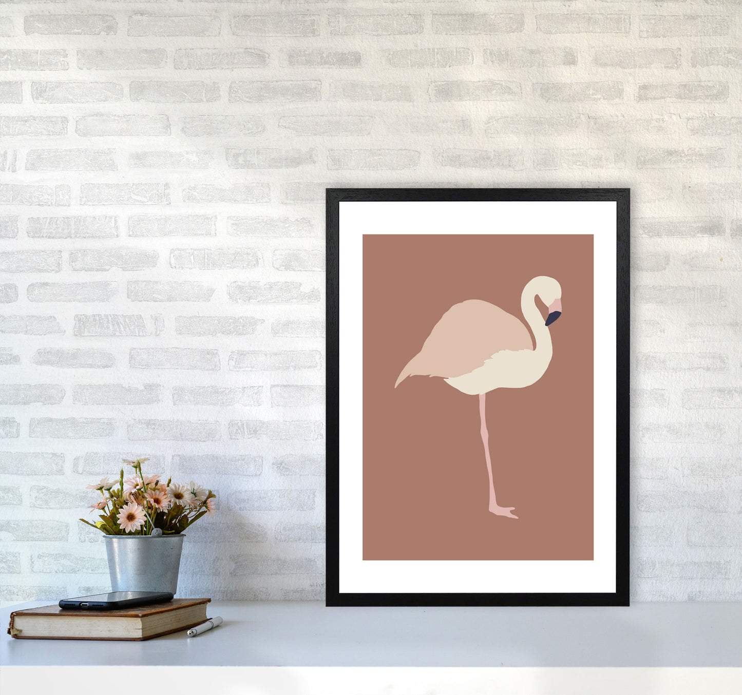 Autumn Flamingo abstract Art Print by Pixy Paper A2 White Frame