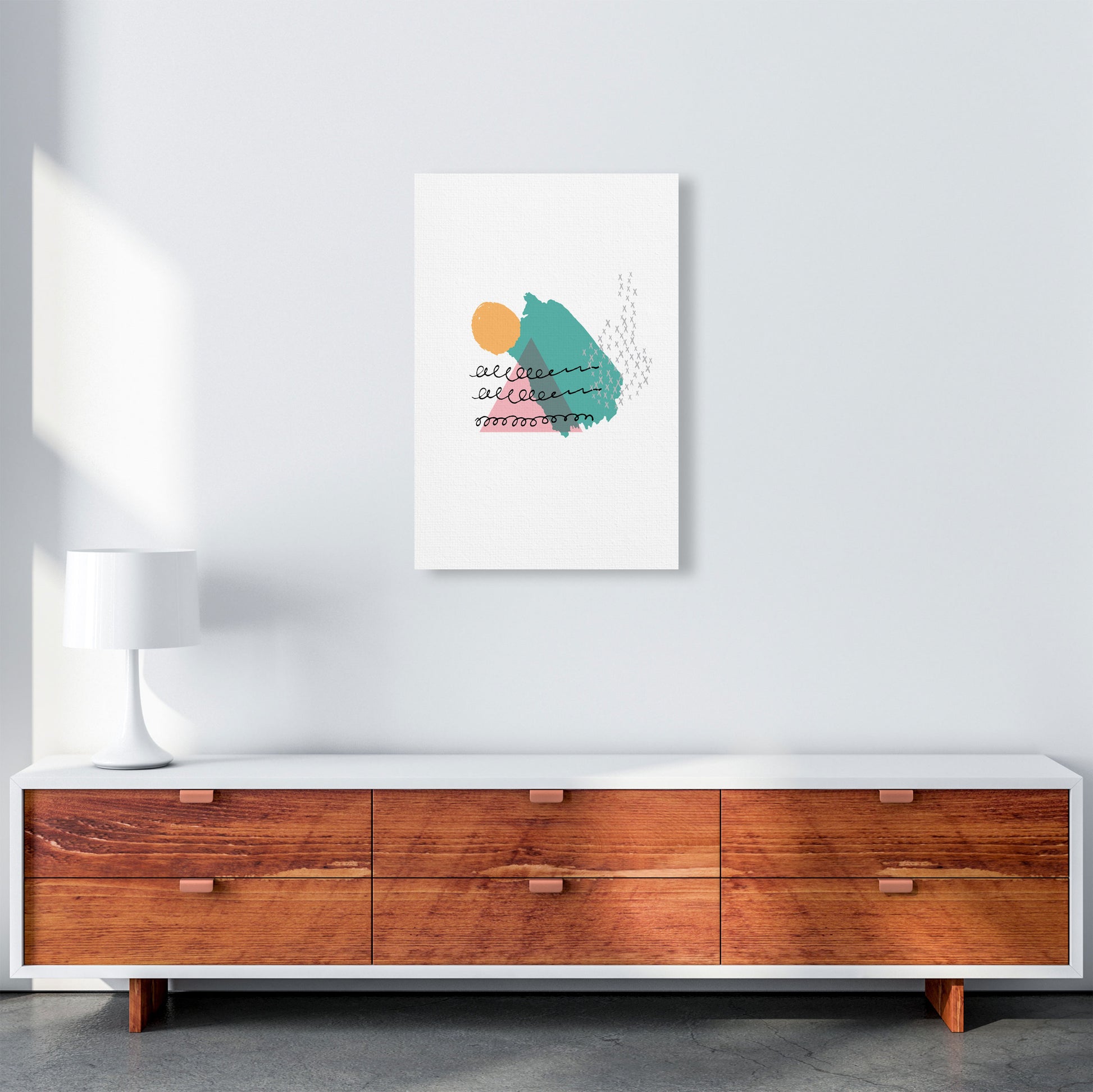 Pink And Teal Mountain Sun Abstract Modern Print A2 Canvas