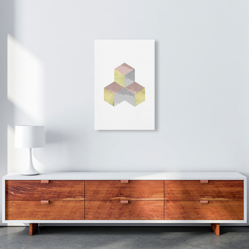 Gold, Pink And Grey Abstract Cubes Modern Print A2 Canvas