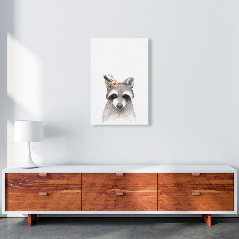 Forest Friends, Floral Cute Raccoon Modern Print Animal Art Print A2 Canvas