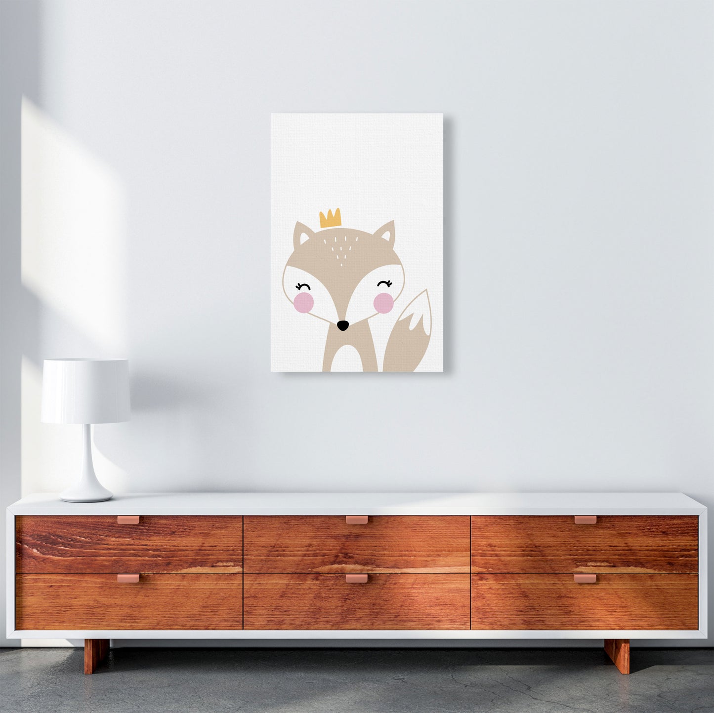 Scandi Beige Fox With Crown Framed Nursey Wall Art Print A2 Canvas