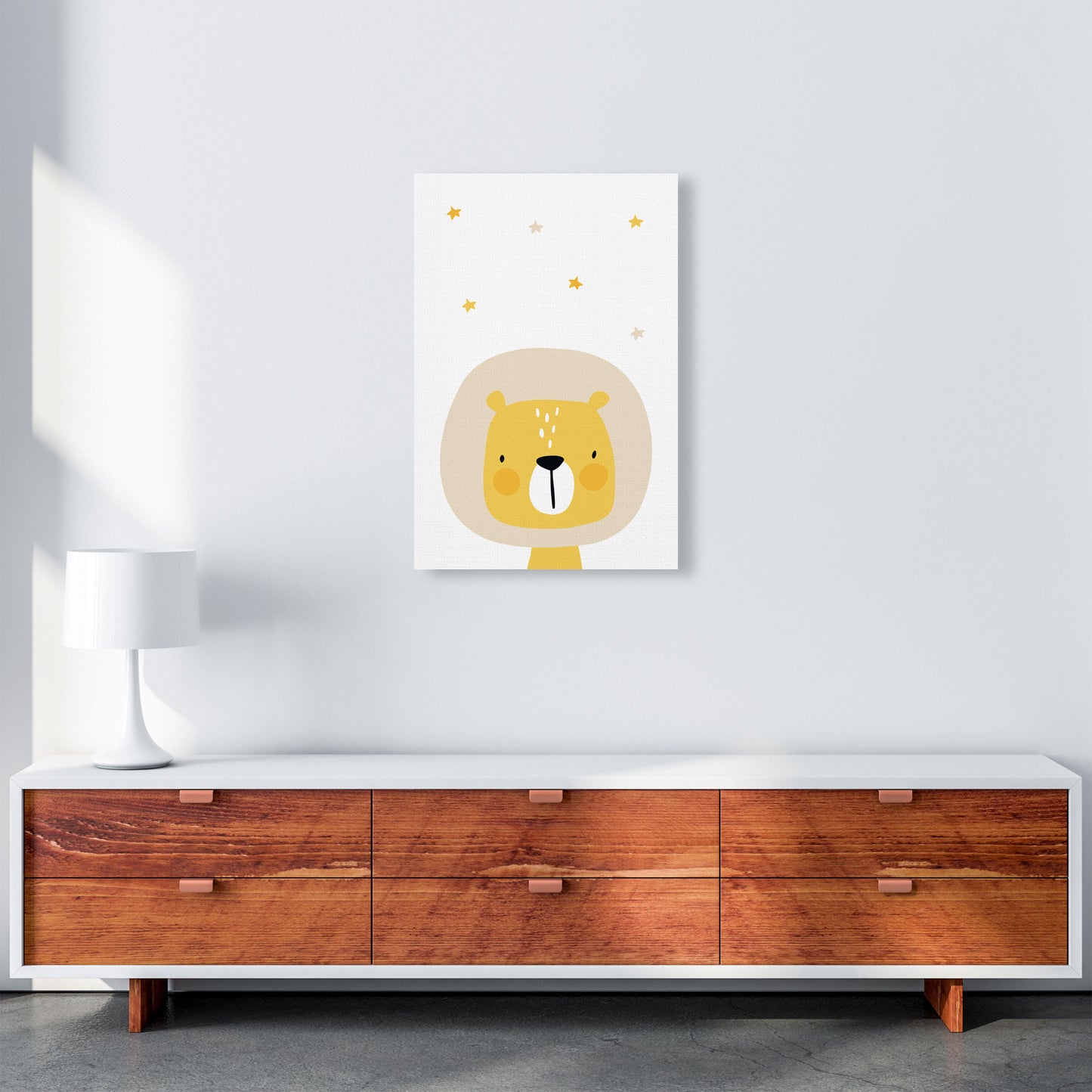 Scandi Lion And Stars Framed Nursey Wall Art Print A2 Canvas