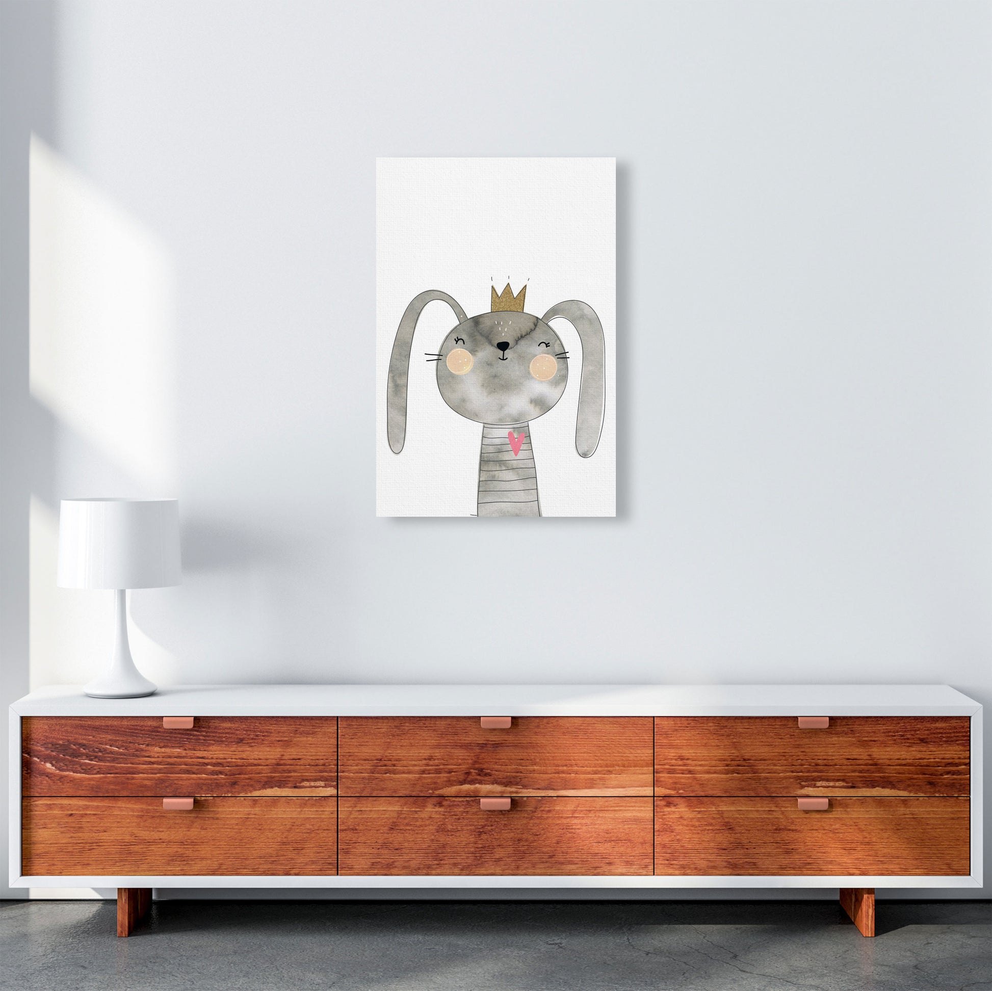 Scandi Grey Bunny Watercolour Framed Nursey Wall Art Print A2 Canvas