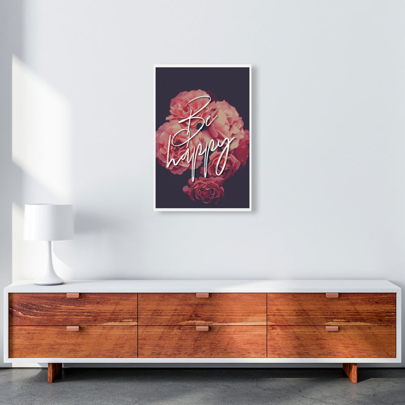 Be Happy Floral Modern Print, Framed Botanical & Nature Art Print A2 Canvas
