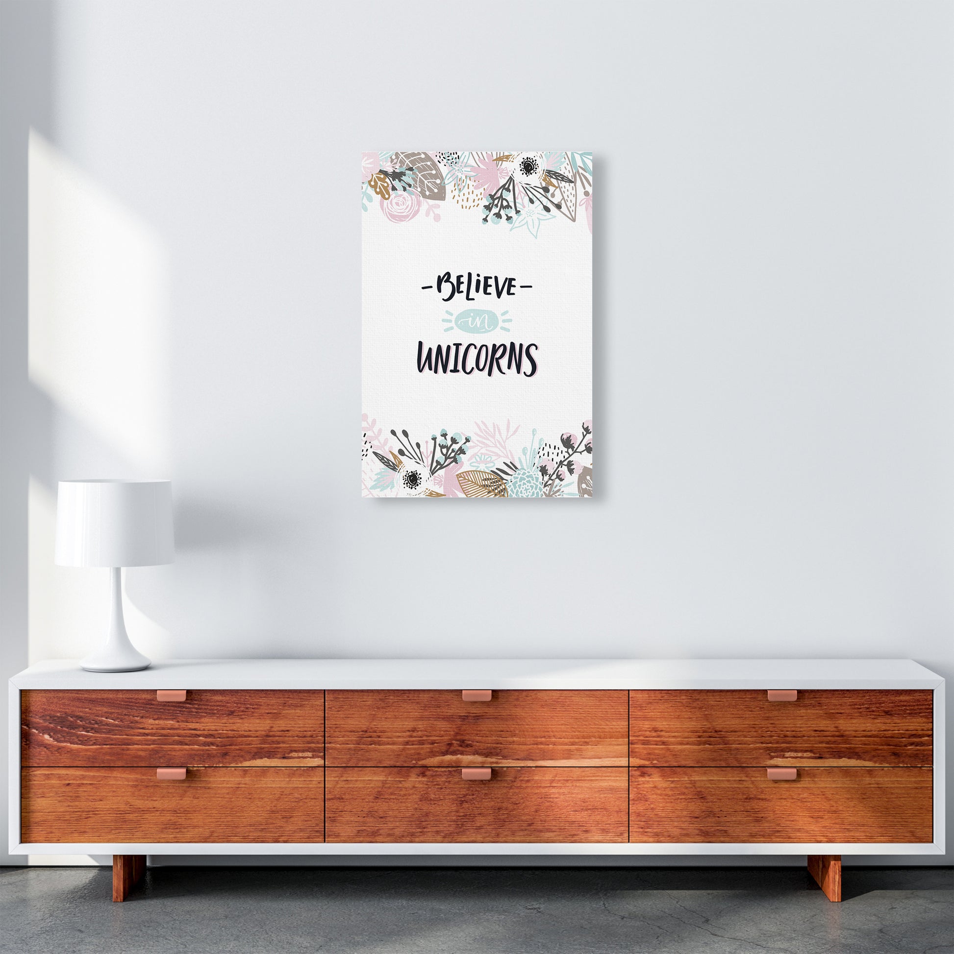 Believe In Unicorns Floral  Art Print by Pixy Paper A2 Canvas