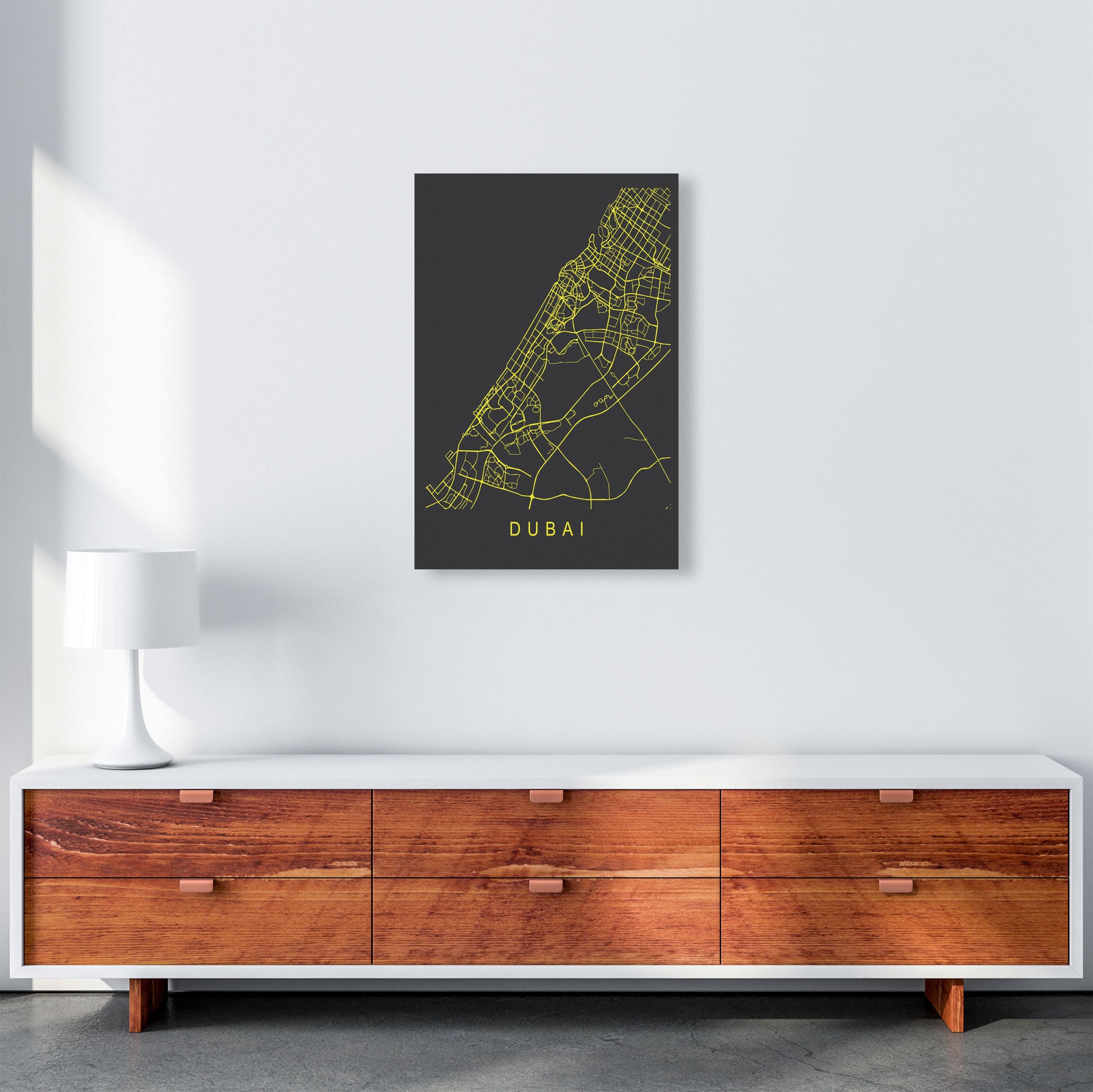 Dubai Map Neon Art Print by Pixy Paper A2 Canvas