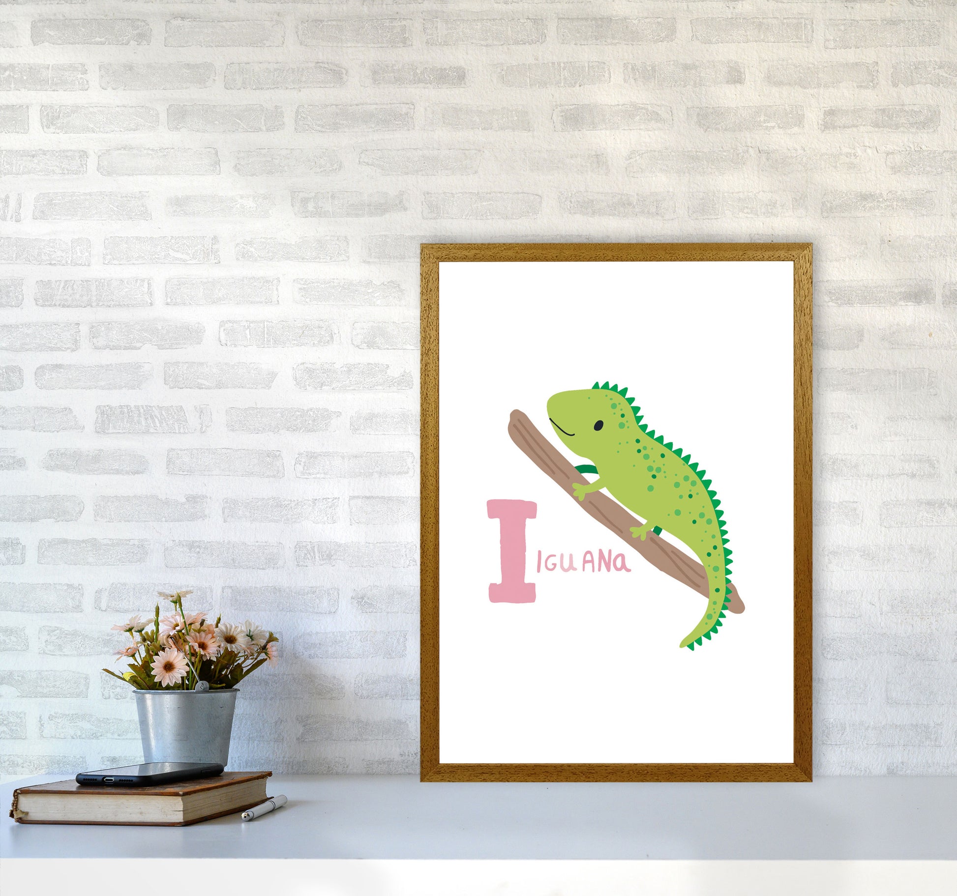 Alphabet Animals, I Is For Iguana Framed Nursey Wall Art Print A2 Print Only