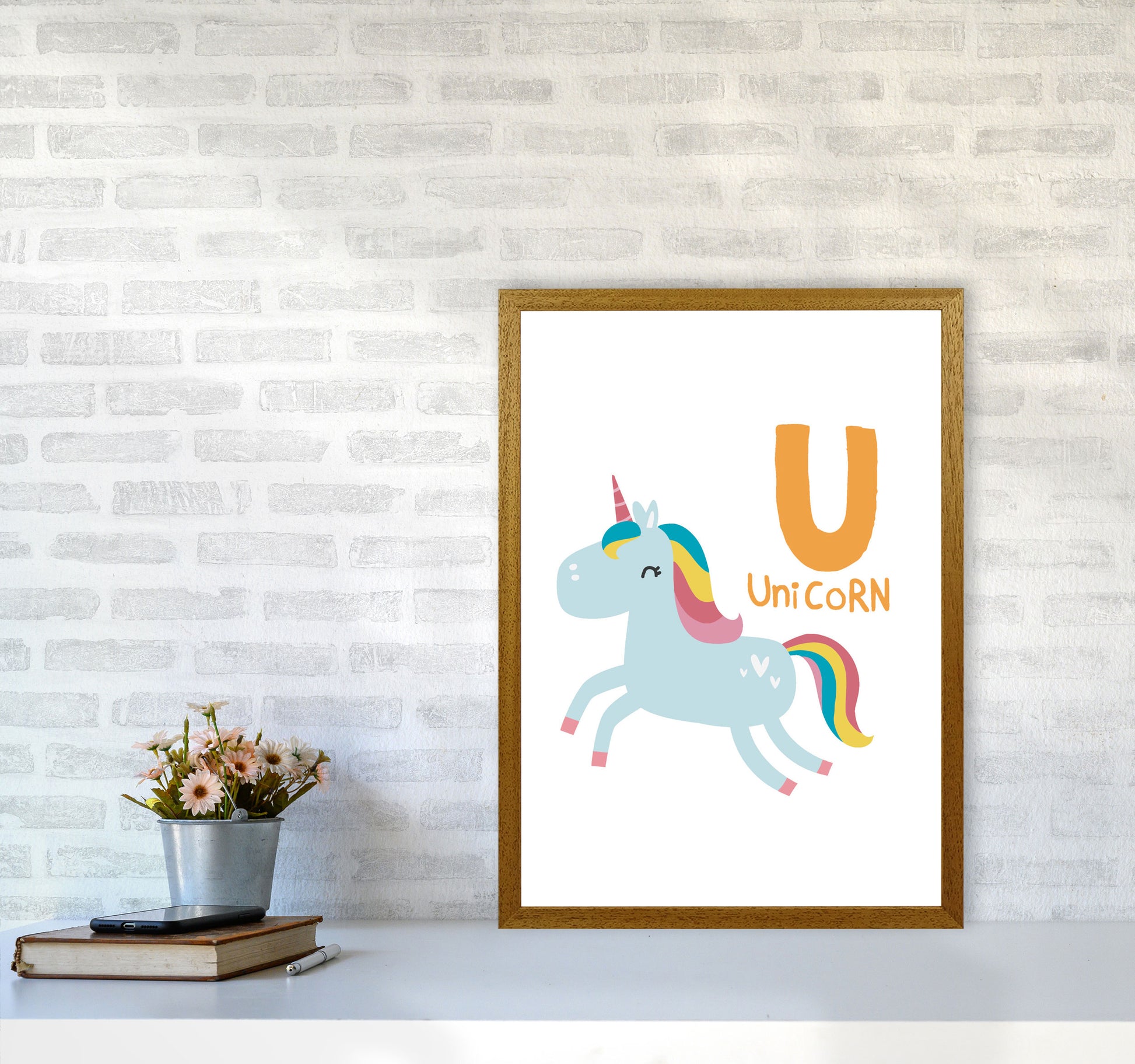 Alphabet Animals, U Is For Unicorn Framed Nursey Wall Art Print A2 Print Only