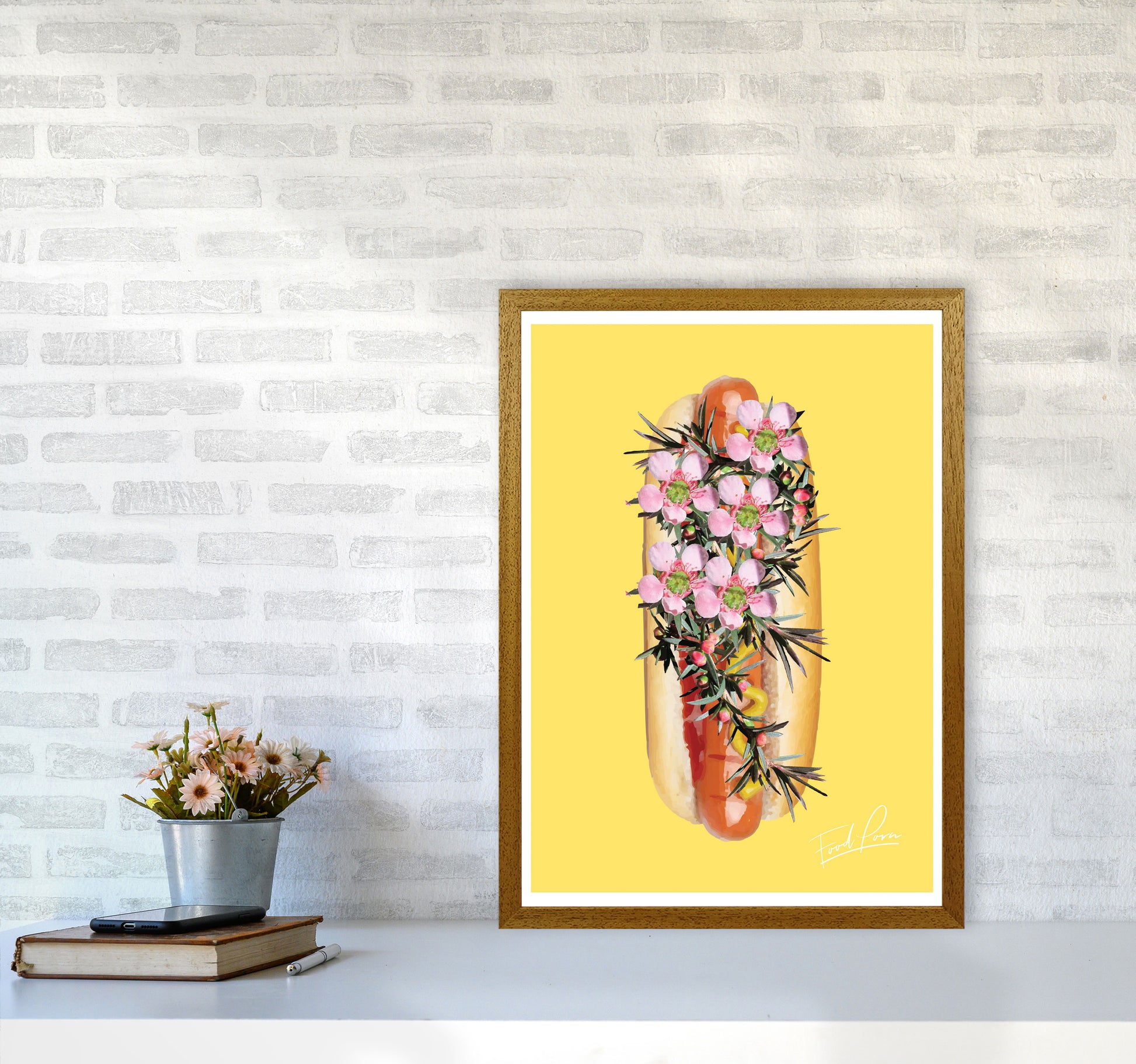 Yellow Hot Dog Food Print, Framed Kitchen Wall Art A2 Print Only