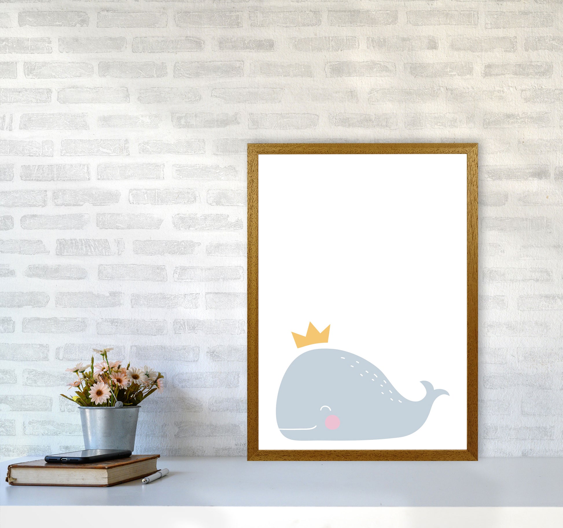 Whale With Crown Framed Nursey Wall Art Print A2 Print Only