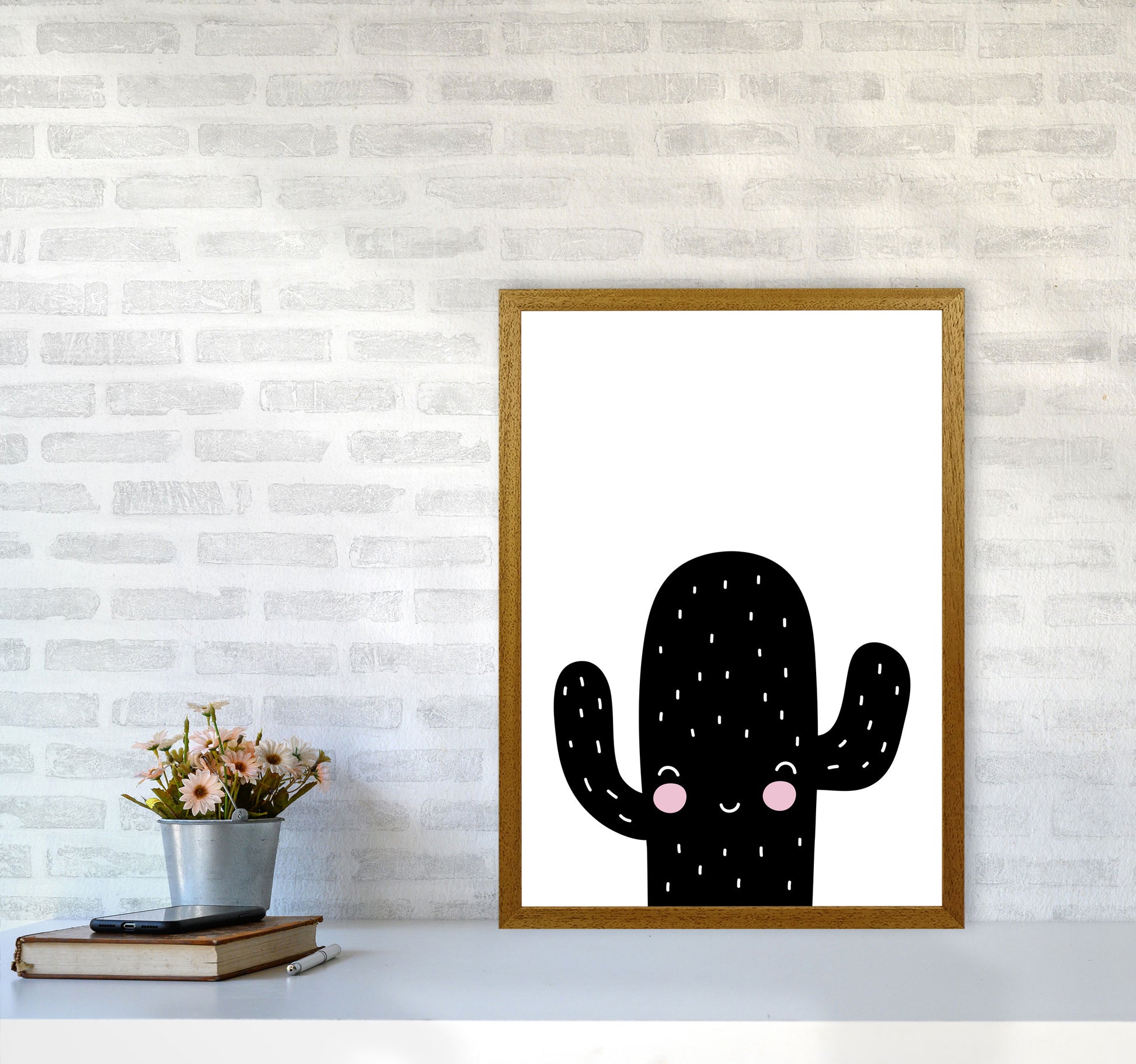 Black Scandi Cactus Modern Print, Framed Botanical & Nature Art Print A2 Print Only